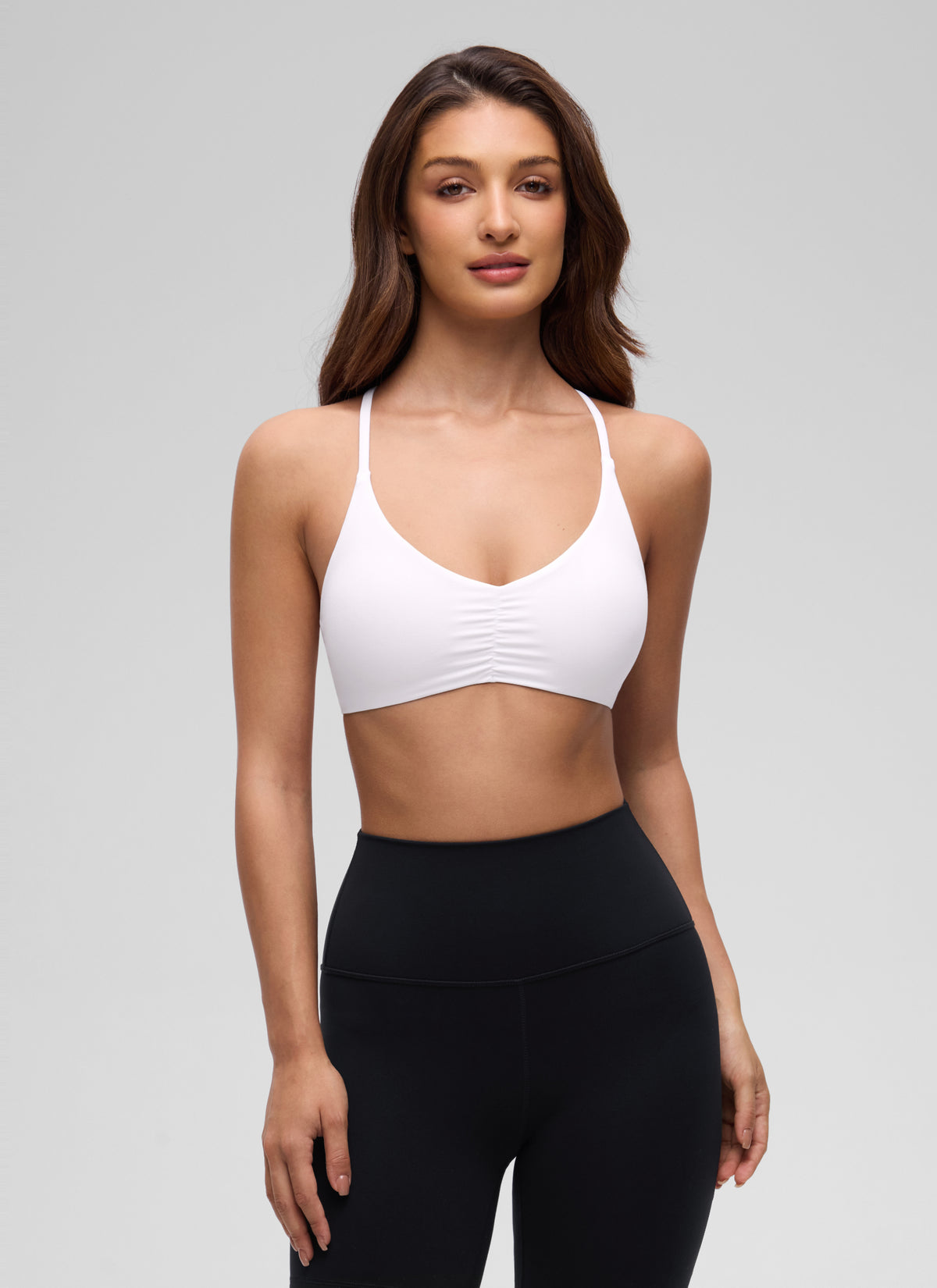 CRZ YOGA Women's Butterluxe Yoga V Neck Strappy Open Back Sports Bra White @model_info:I