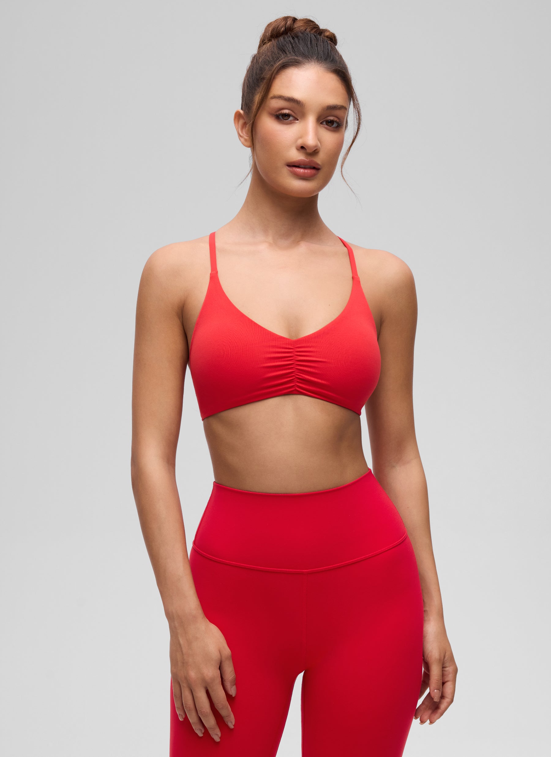 CRZ YOGA Women's Butterluxe Yoga V Neck Strappy Open Back Sports Bra Deep Red @model_info:I