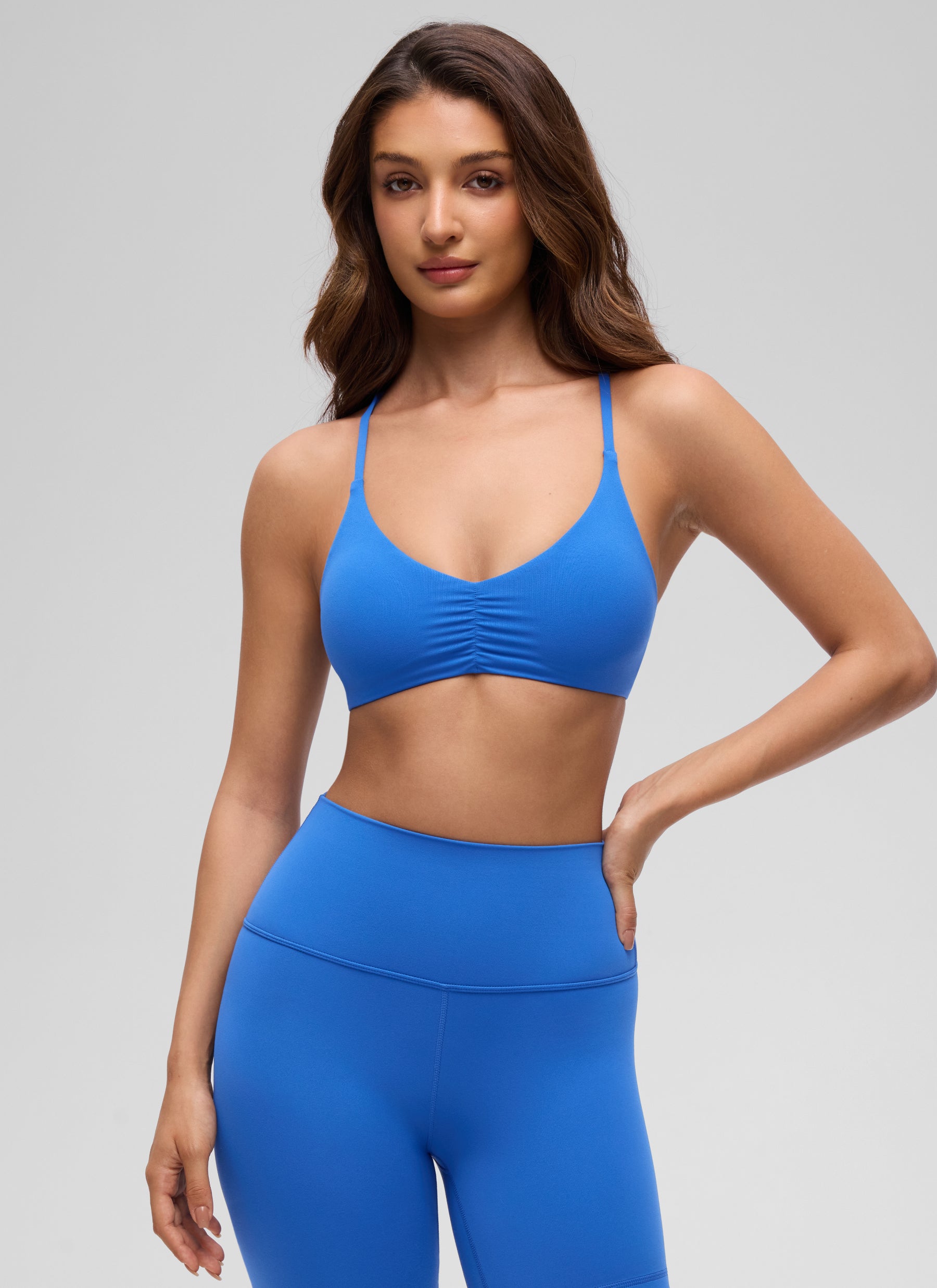 CRZ YOGA Women's Butterluxe Yoga V Neck Strappy Open Back Sports Bra Sparkle Blue @model_info:I