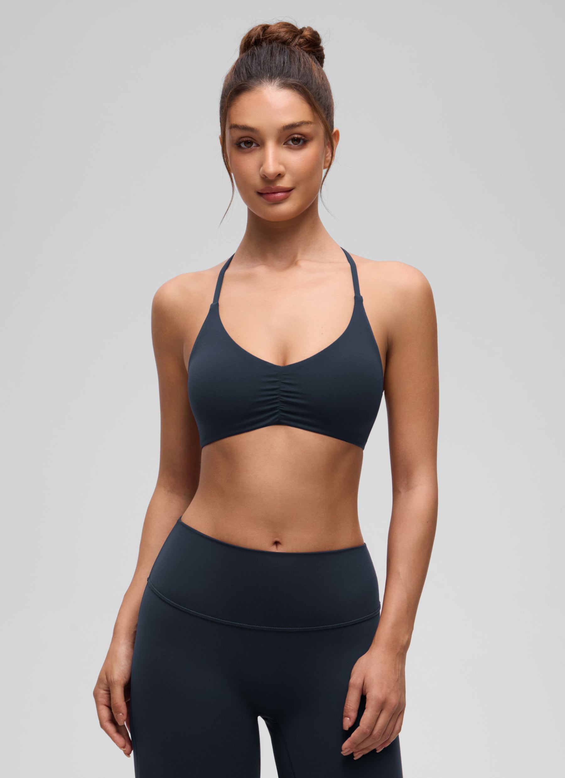 CRZ YOGA Women's Butterluxe Yoga V Neck Strappy Open Back Sports Bra True Navy @model_info:I