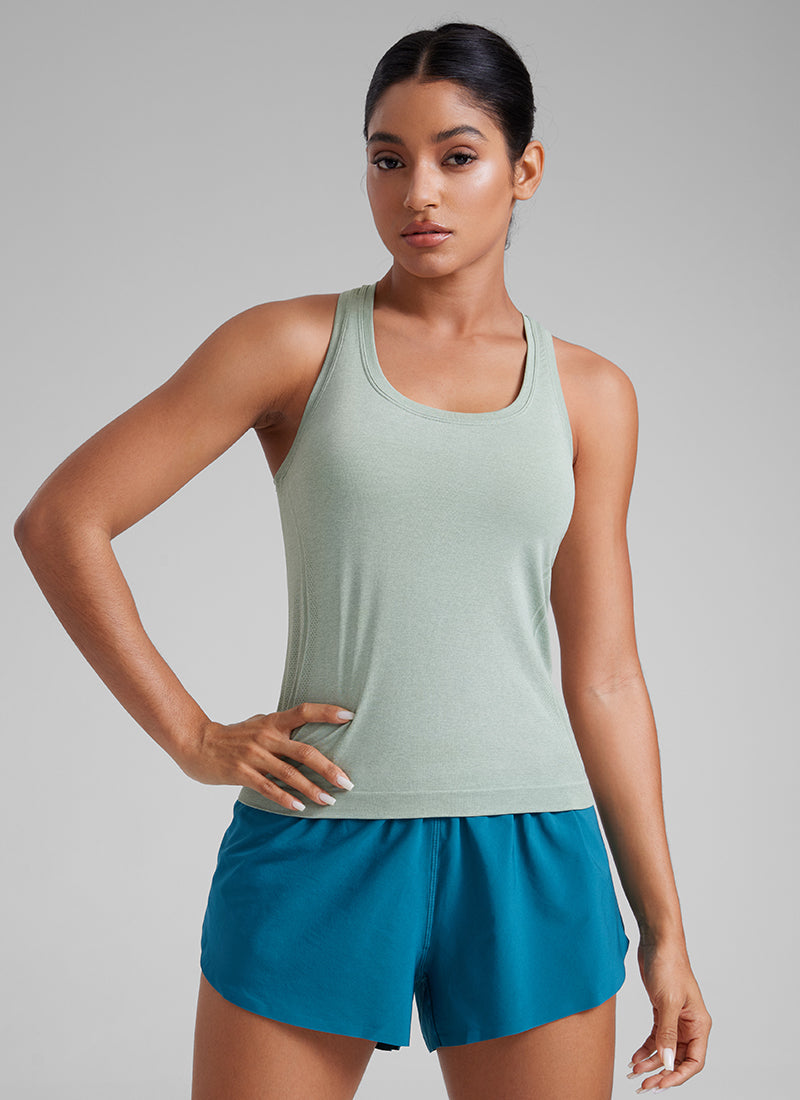 CRZ YOGA Women's Yoga Slim Fit Seamless Tank Crew Neck Racerback Green Palm Court @model_info:Amanda