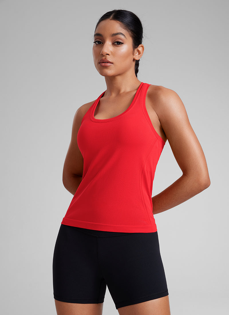 CRZ YOGA Women's Yoga Slim Fit Seamless Tank Crew Neck Racerback Deep Red @model_info:Amanda
