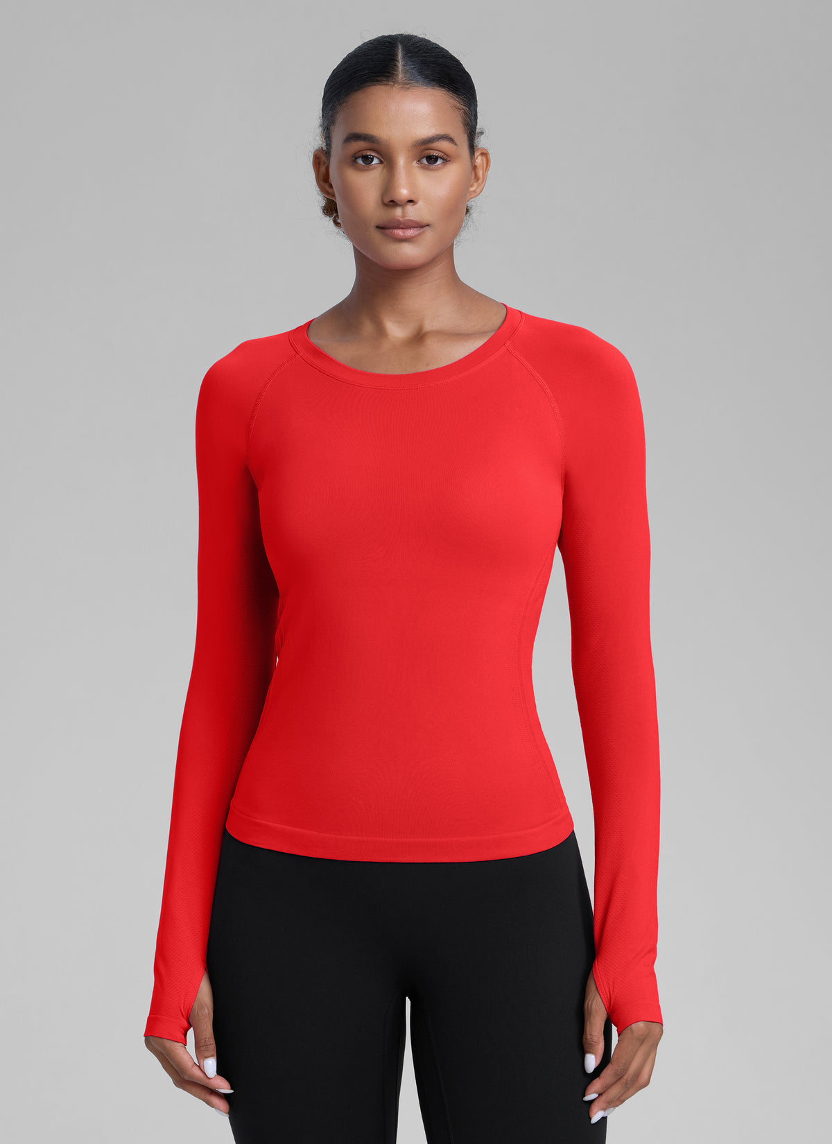 CRZ YOGA Women's Running Quick Dry Shirts Seamless Long Sleeves Deep Red @model_info:Babrabra