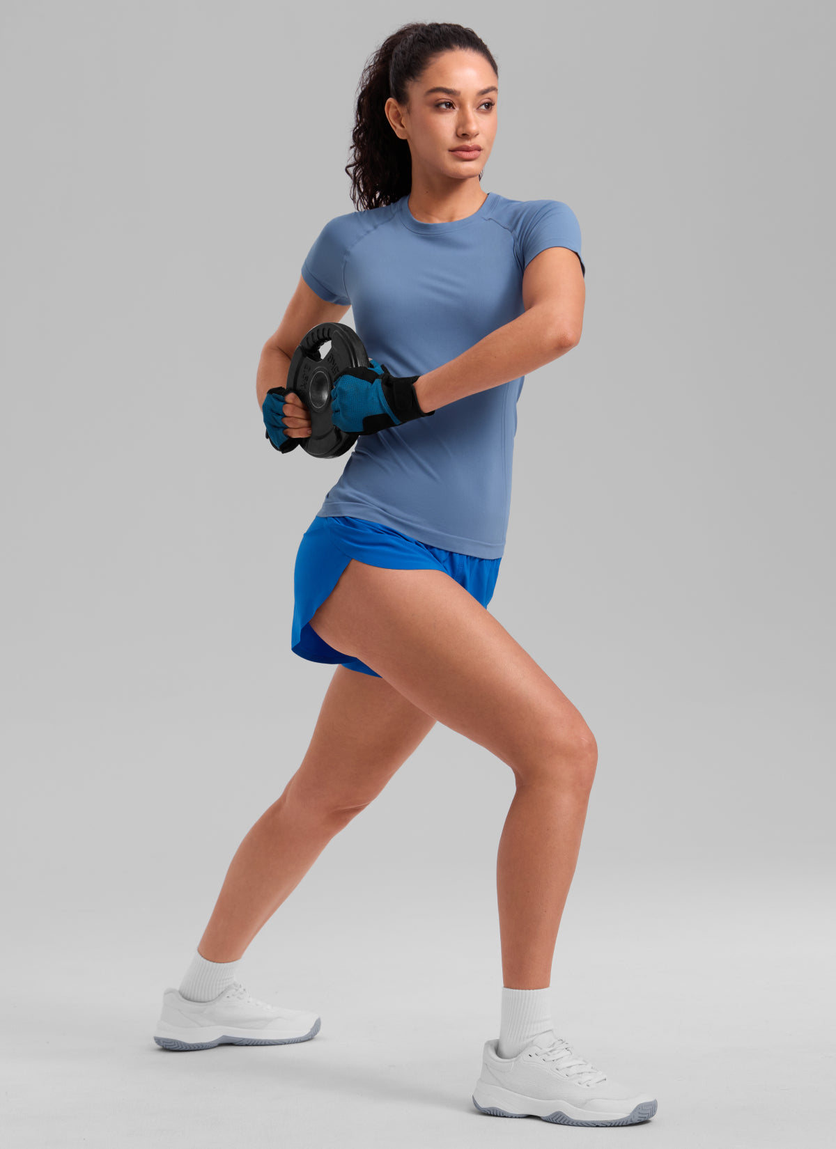 CRZ YOGA Women's Running Classic Fit Shirts Seamless Short Sleeves Oasis Blue @model_info:Larissa