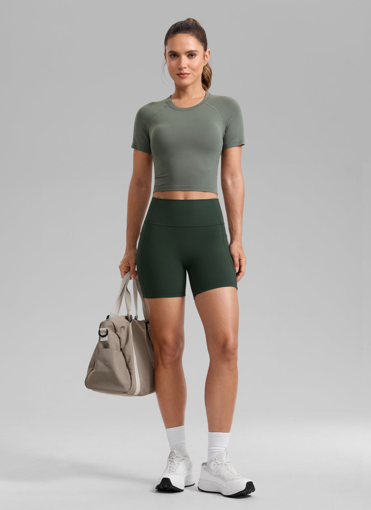 CRZ YOGA Butterlift Womens Scrunch Butt No Front Seam Pocket Biker Shorts 5'' Legend Green @model_info:A
