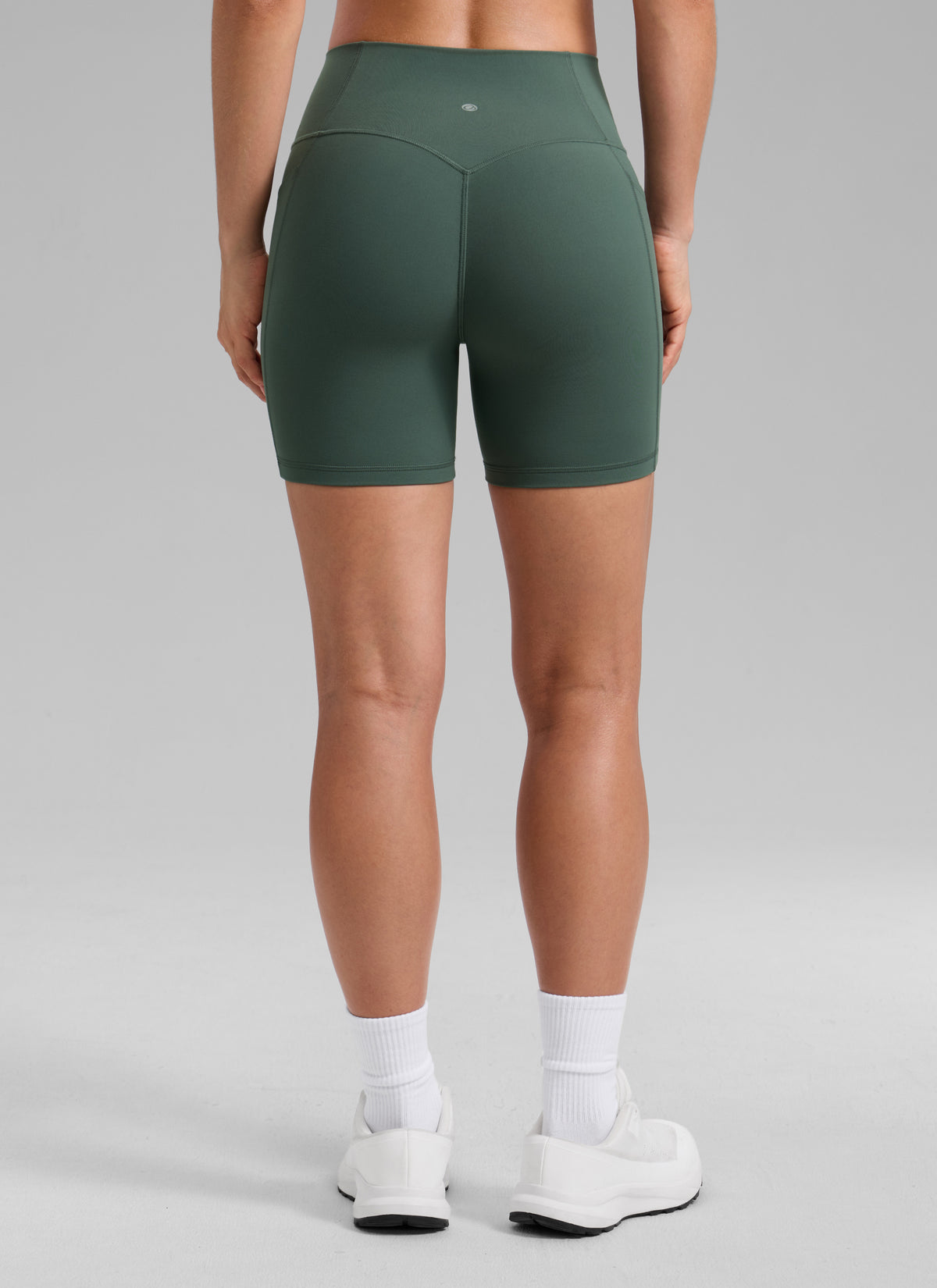 CRZ YOGA Butterlift Womens Scrunch Butt No Front Seam Pocket Biker Shorts 5'' Dark Forest Green @model_info:A