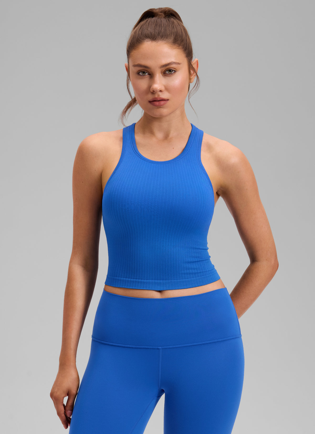 CRZ YOGA Women's Yoga Slim Fit Tops Seamless Longline Tank High Neck Sparkle Blue @model_info:V