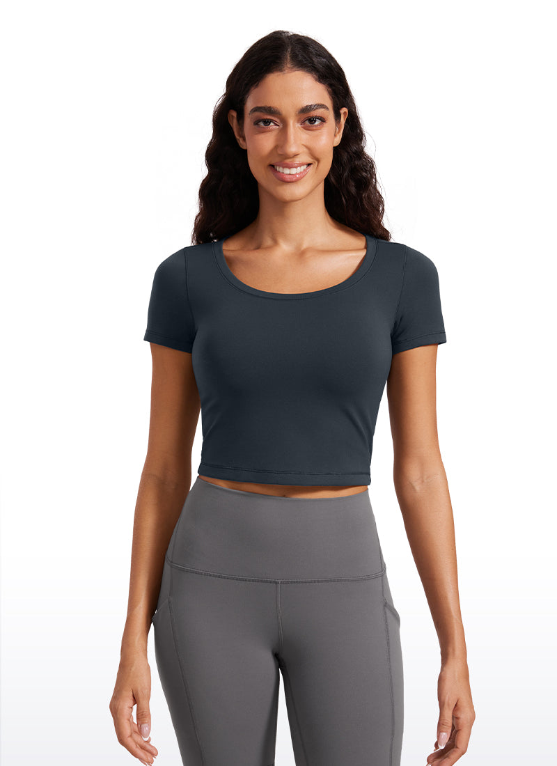 CRZYOGA Women's Slim Fit Scoop Neck Cropped Short Sleeves True Navy