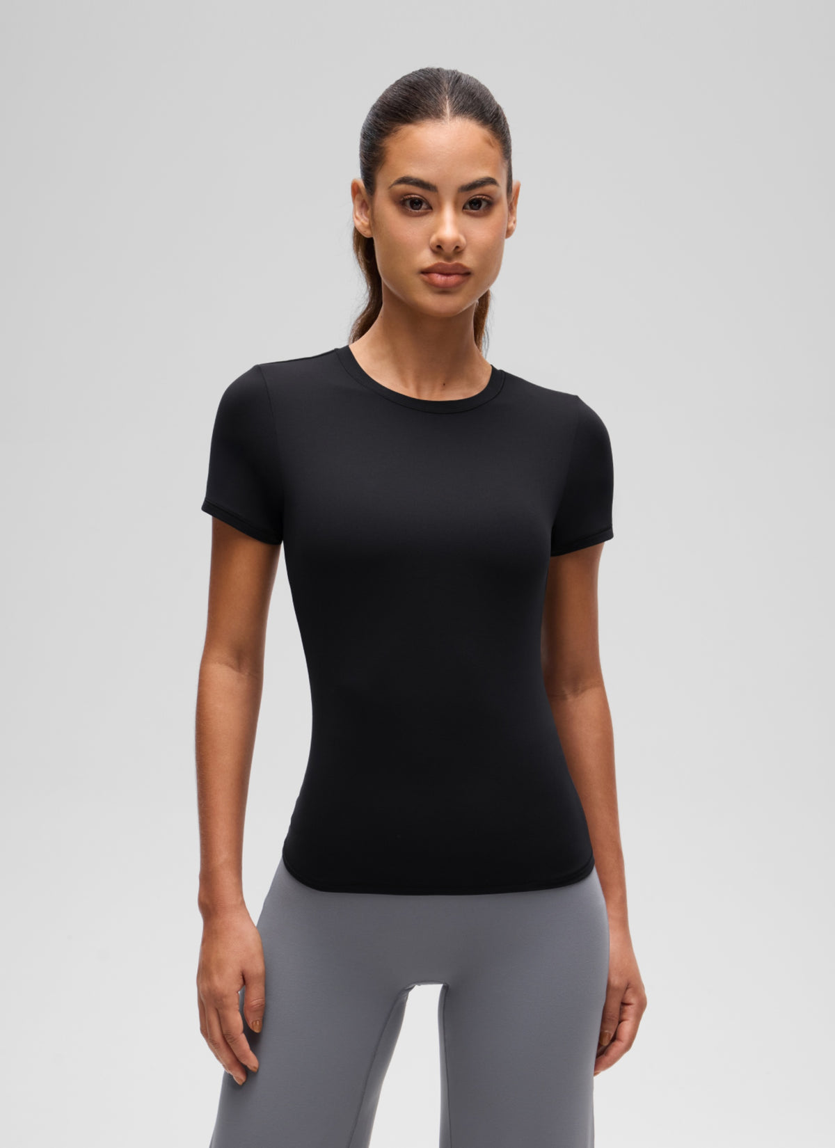 CRZ YOGA Women Going Out Tops Soft High Crew Neck Casual Tight Shirts Black @model_info:J