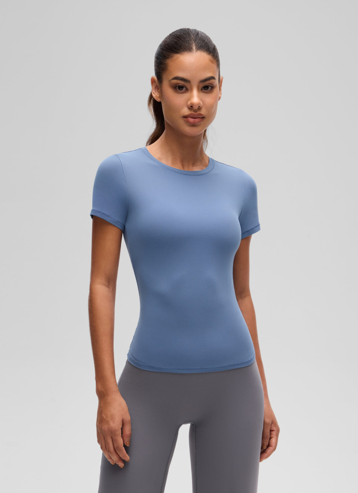 CRZ YOGA Women Going Out Tops Soft High Crew Neck Casual Tight Shirts Oasis Blue @model_info:J