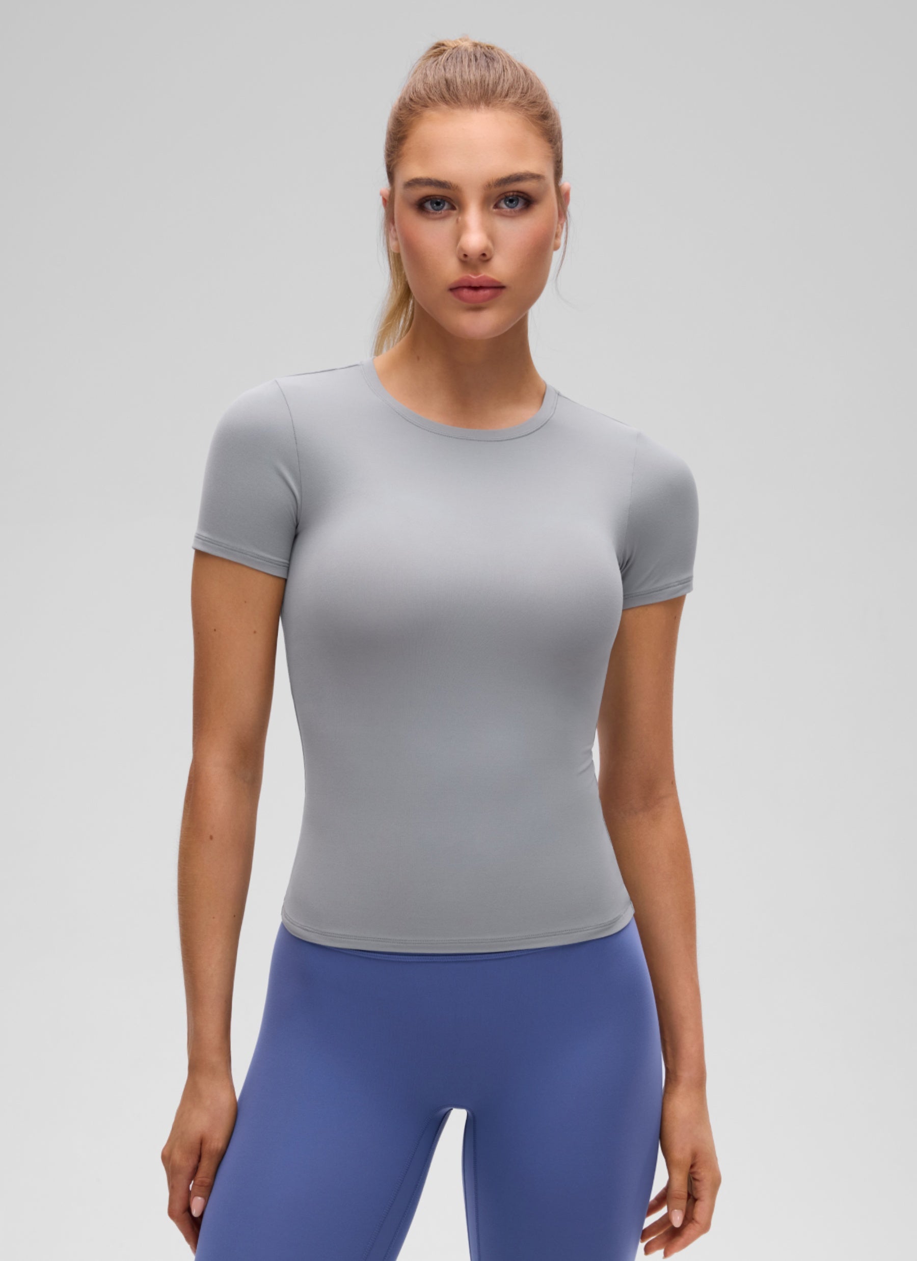 CRZ YOGA Women's Going Out Tops Soft High Crew Neck Casual Tight Shirts Rhino Grey @model_info:A