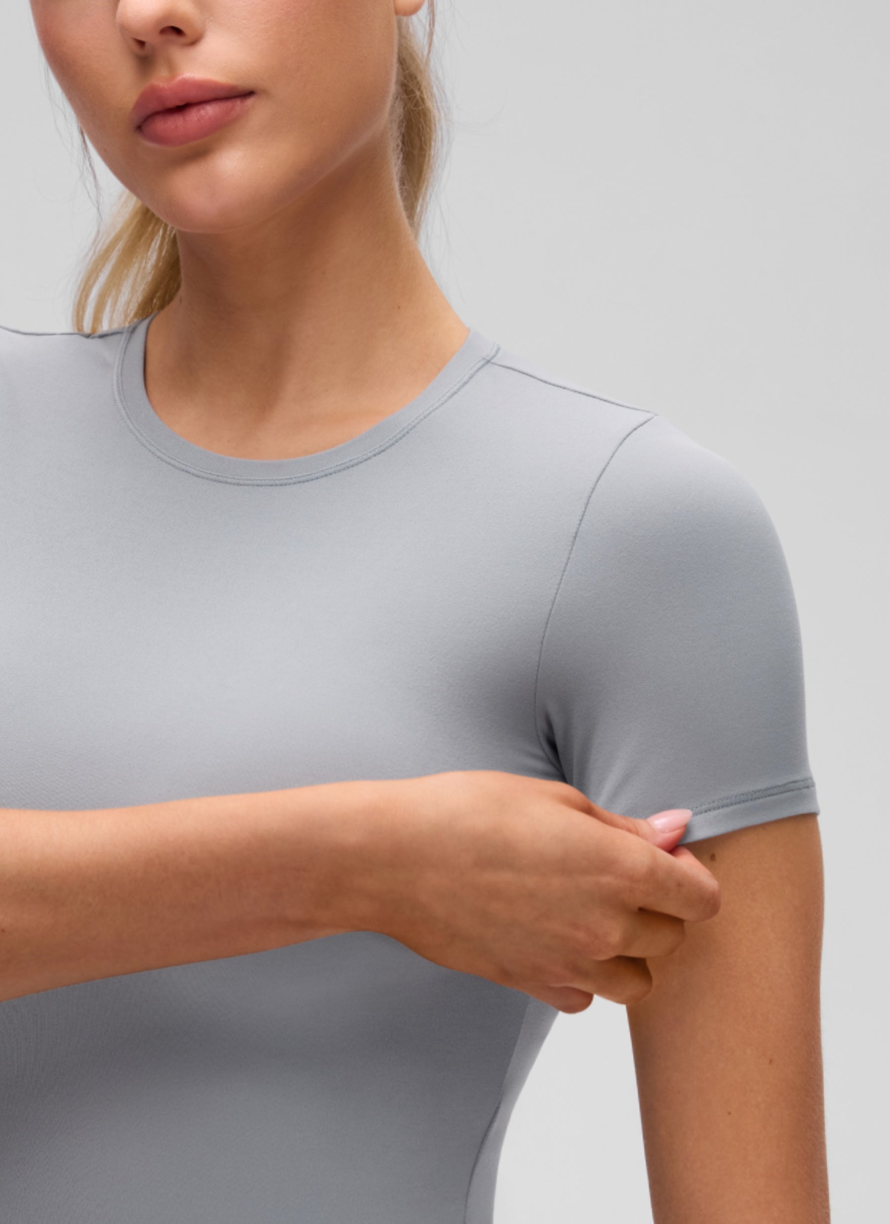 CRZ YOGA Women's Going Out Tops Soft High Crew Neck Casual Tight Shirts Rhino Grey @model_info:A