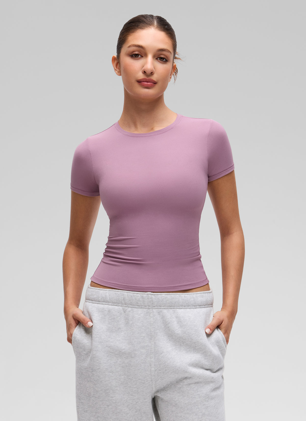 CRZ YOGA Women Going Out Tops Soft High Crew Neck Casual Tight Shirts Light Lavender @model_info:Inga