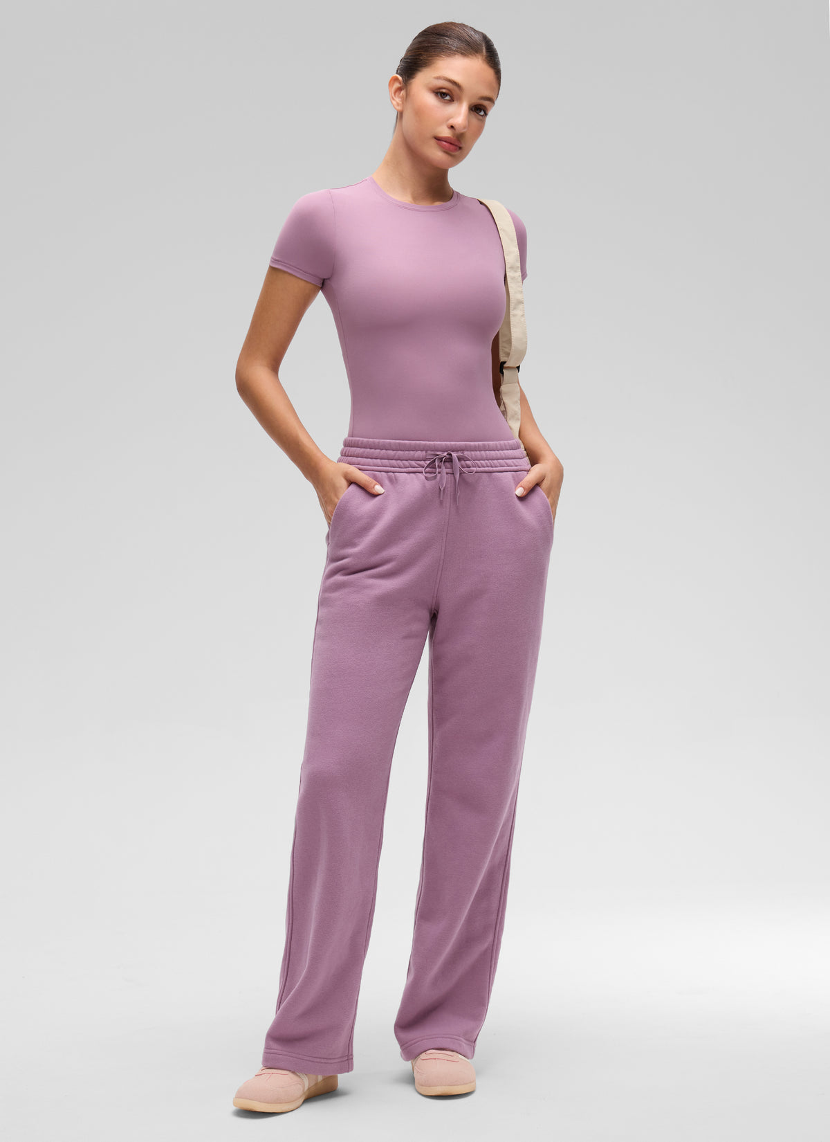 CRZ YOGA Women Going Out Tops Soft High Crew Neck Casual Tight Shirts Light Lavender @model_info:Inga