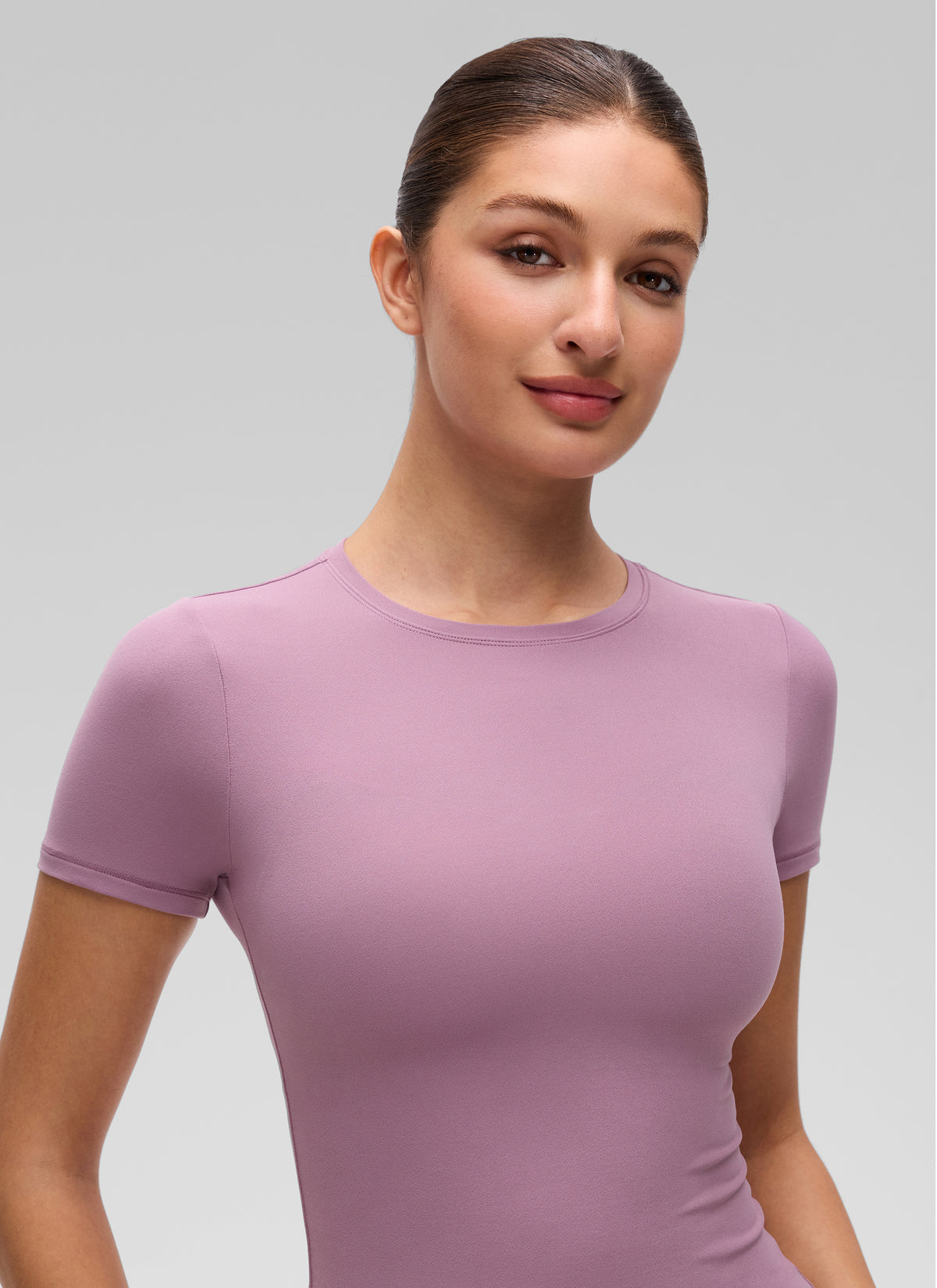 CRZ YOGA Women Going Out Tops Soft High Crew Neck Casual Tight Shirts Light Lavender @model_info:Inga