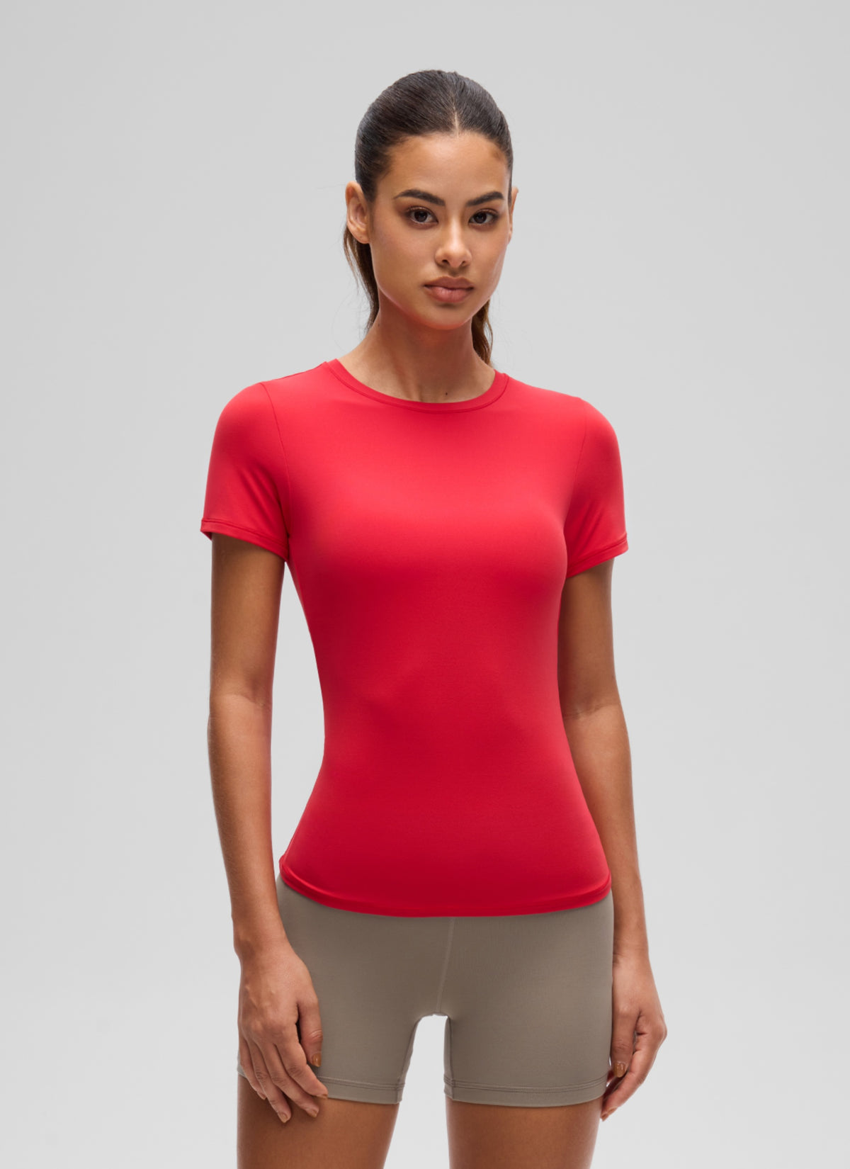 CRZ YOGA Women Going Out Tops Soft High Crew Neck Casual Tight Shirts Aurora Red @model_info:J