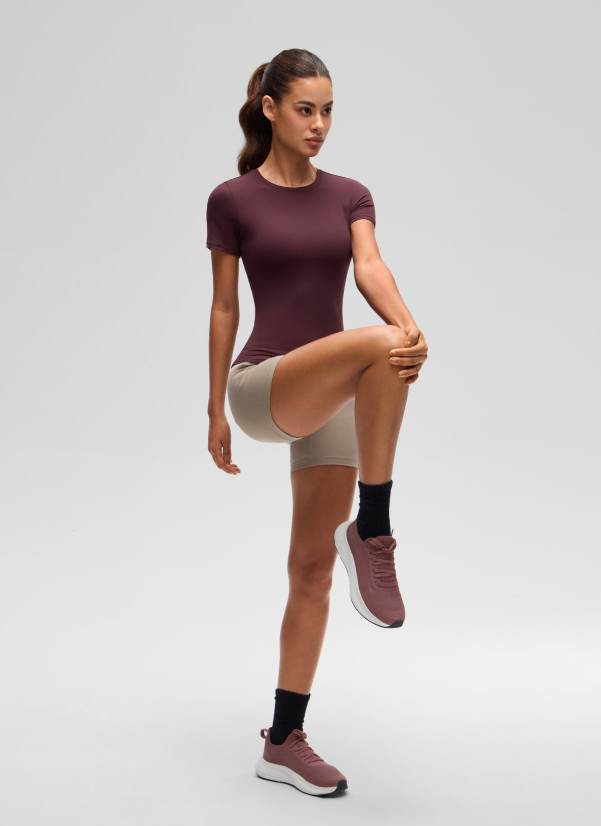 CRZ YOGA Women Going Out Tops Soft High Crew Neck Casual Tight Shirts Ripe Plum @model_info:J