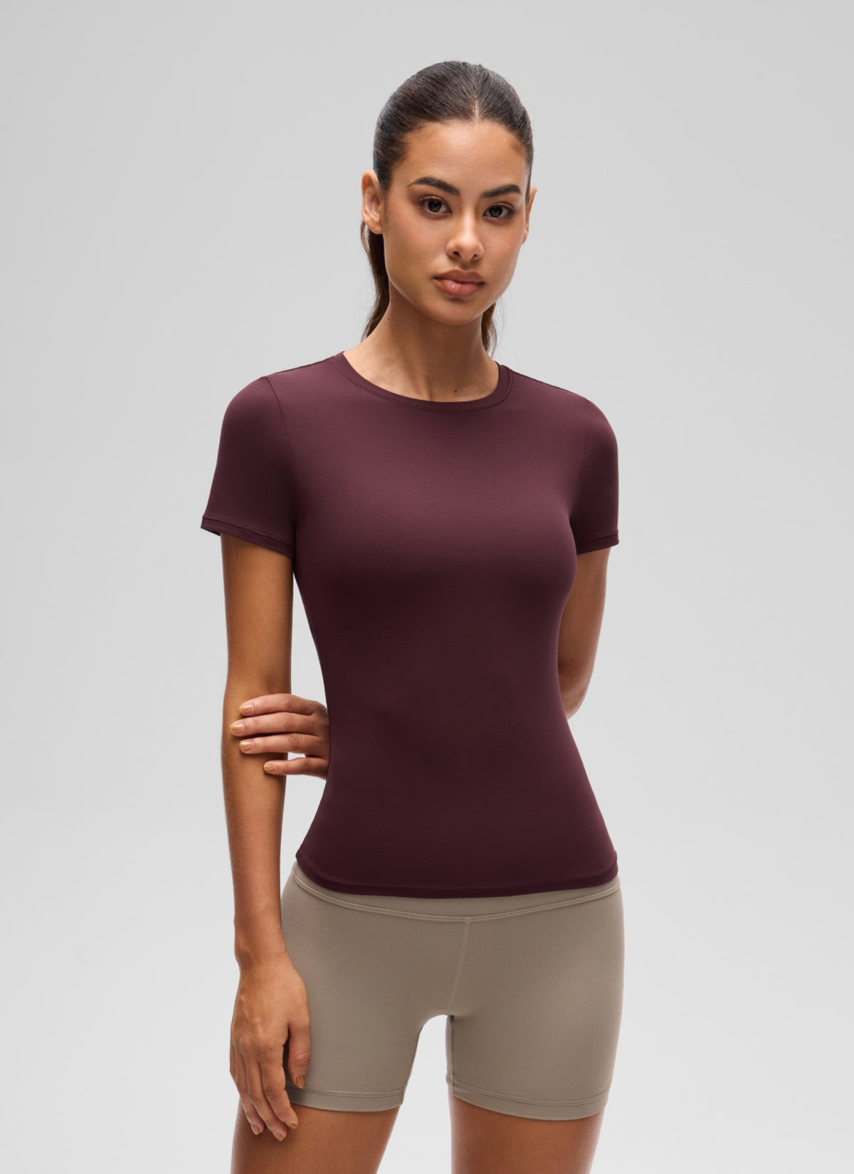 CRZ YOGA Women Going Out Tops Soft High Crew Neck Casual Tight Shirts Ripe Plum @model_info:J