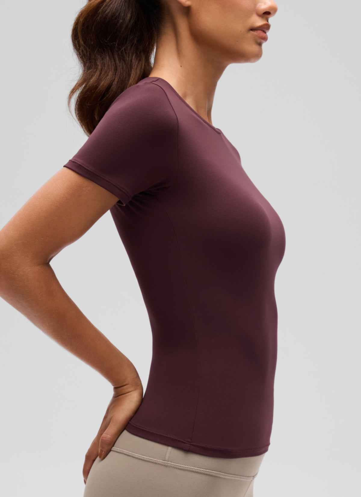 CRZ YOGA Women Going Out Tops Soft High Crew Neck Casual Tight Shirts Ripe Plum @model_info:J