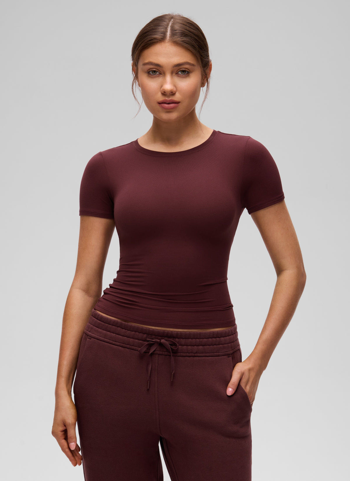 CRZ YOGA Women Going Out Tops Soft High Crew Neck Casual Tight Shirts Red Merlot @model_info:Valeria