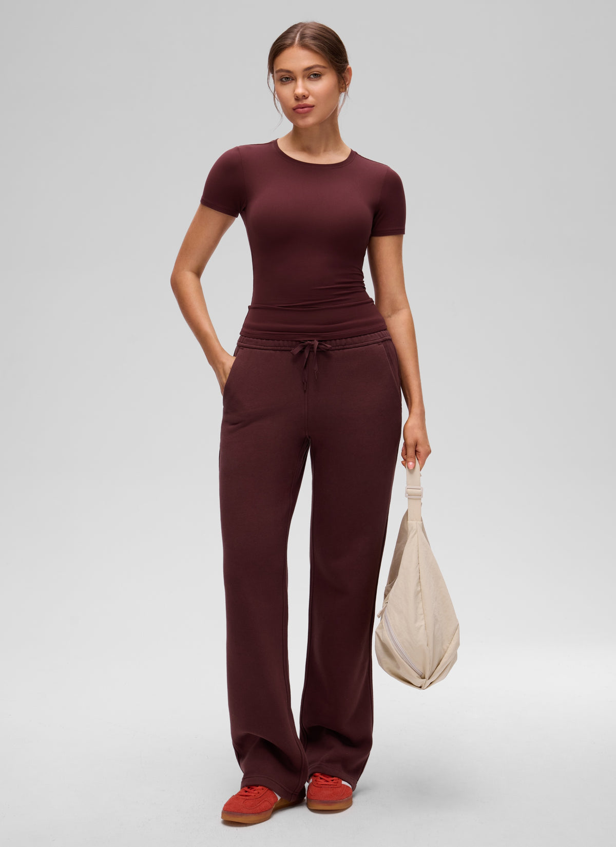 CRZ YOGA Women Going Out Tops Soft High Crew Neck Casual Tight Shirts Red Merlot @model_info:Valeria