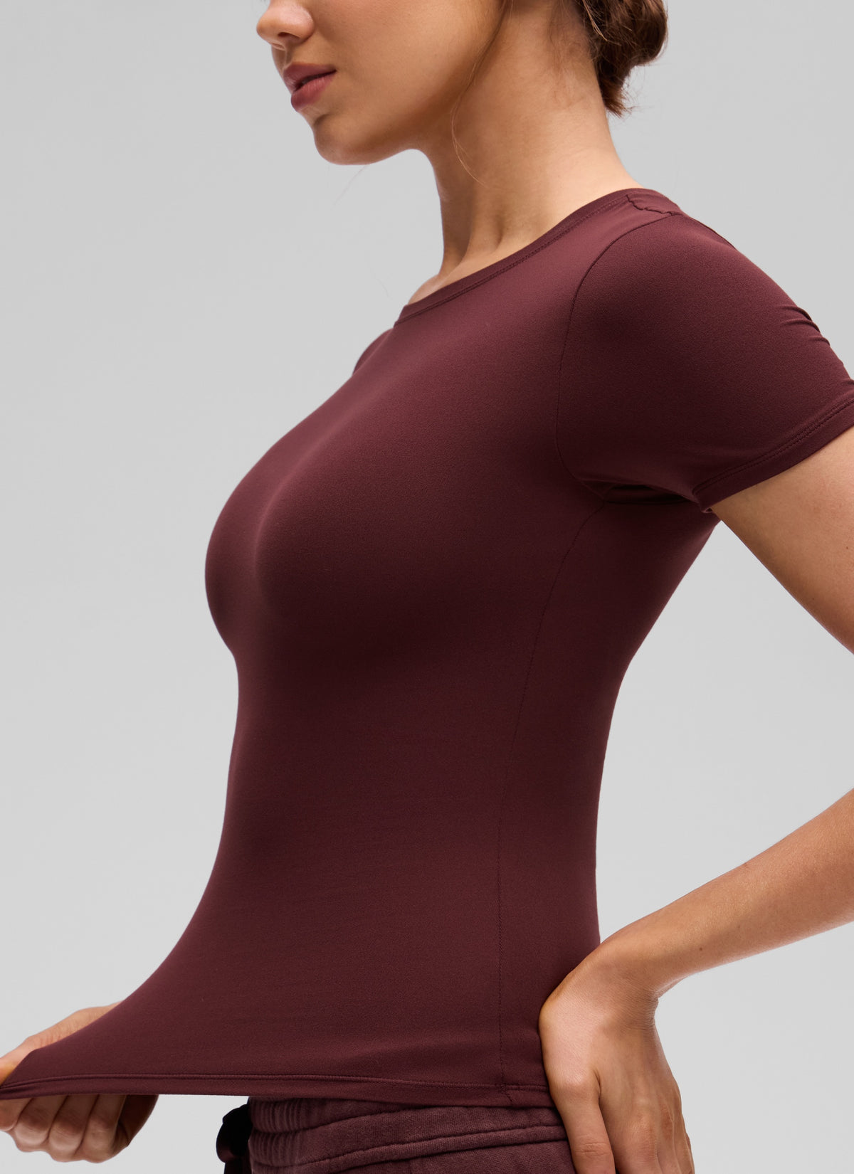 CRZ YOGA Women Going Out Tops Soft High Crew Neck Casual Tight Shirts Red Merlot @model_info:Valeria