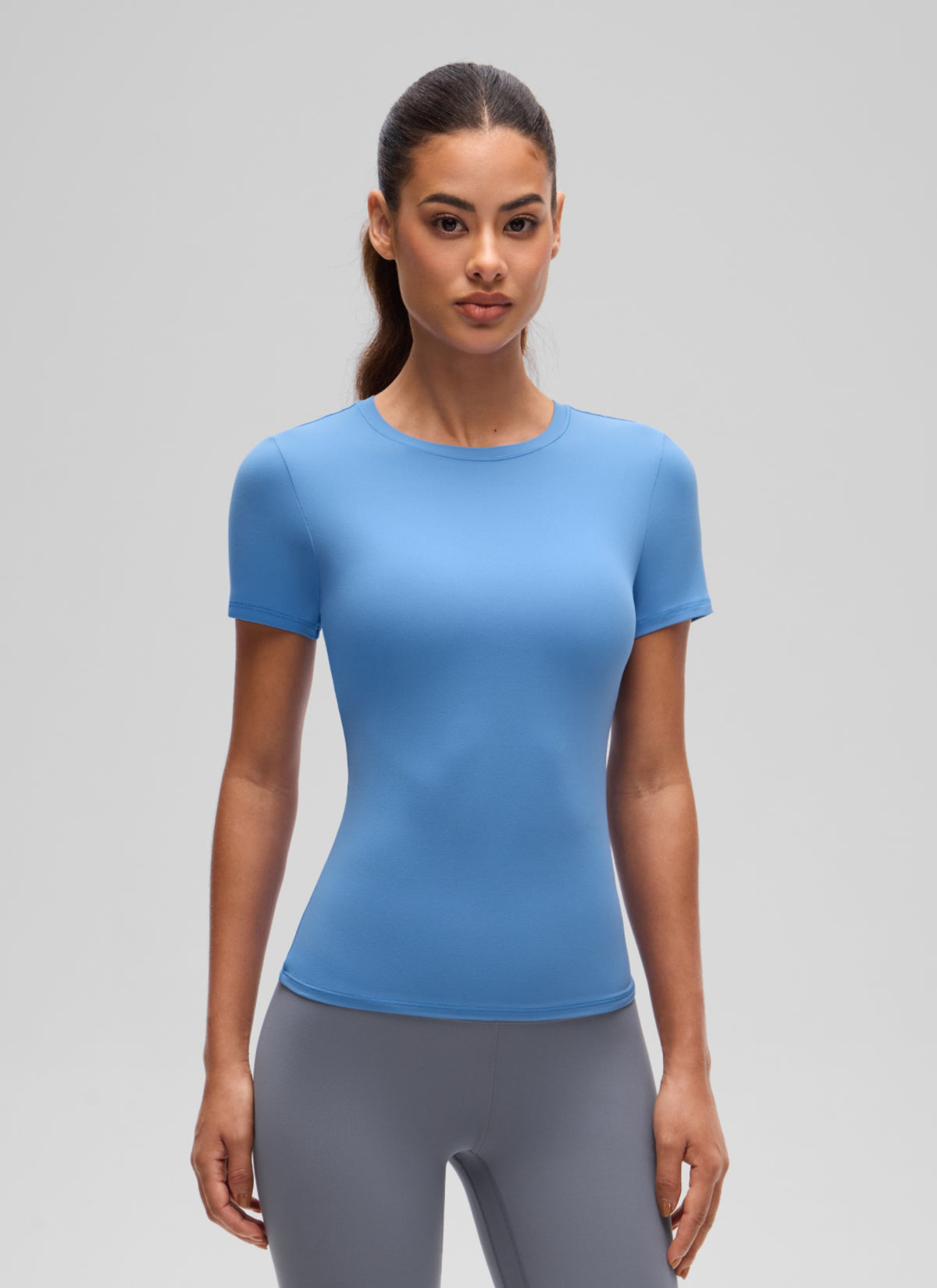 CRZ YOGA Women Going Out Tops Soft High Crew Neck Casual Tight Shirts Party Blue @model_info:J