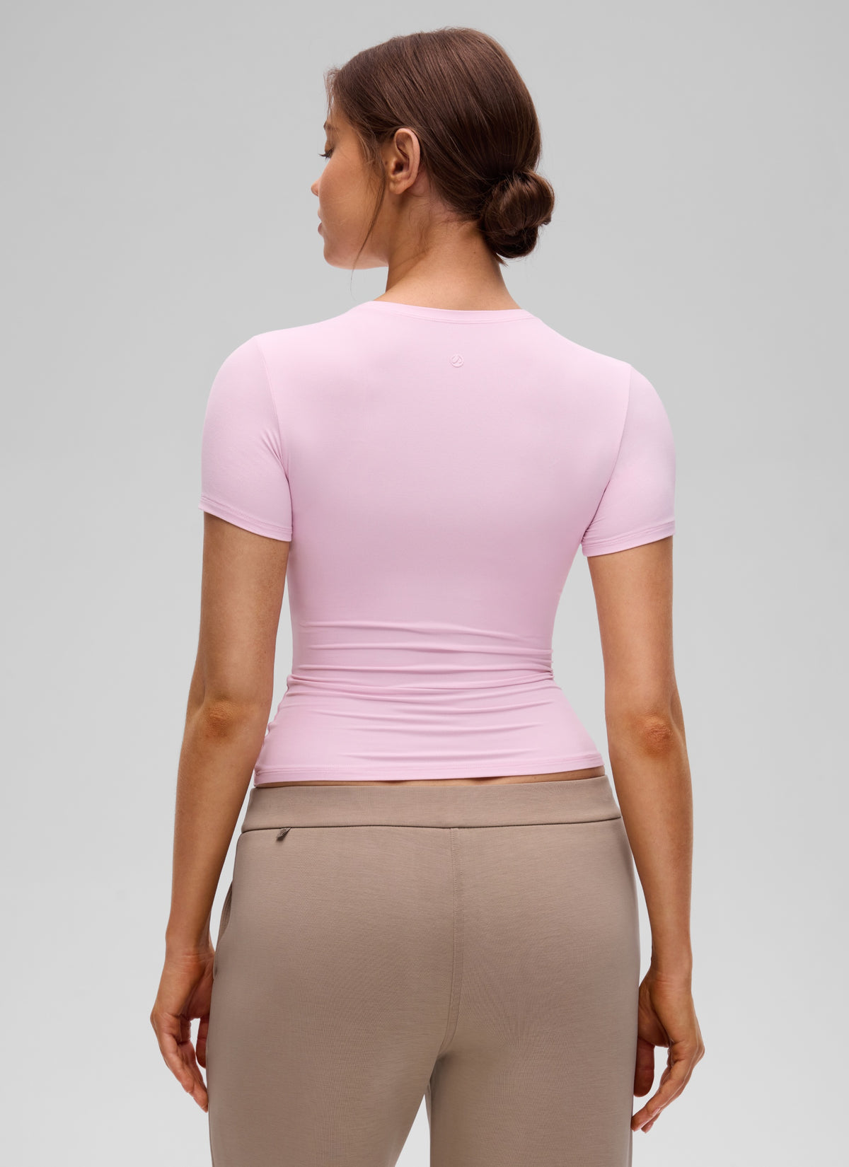CRZ YOGA Women Going Out Tops Soft High Crew Neck Casual Tight Shirts Pink Peony @model_info:Valeria