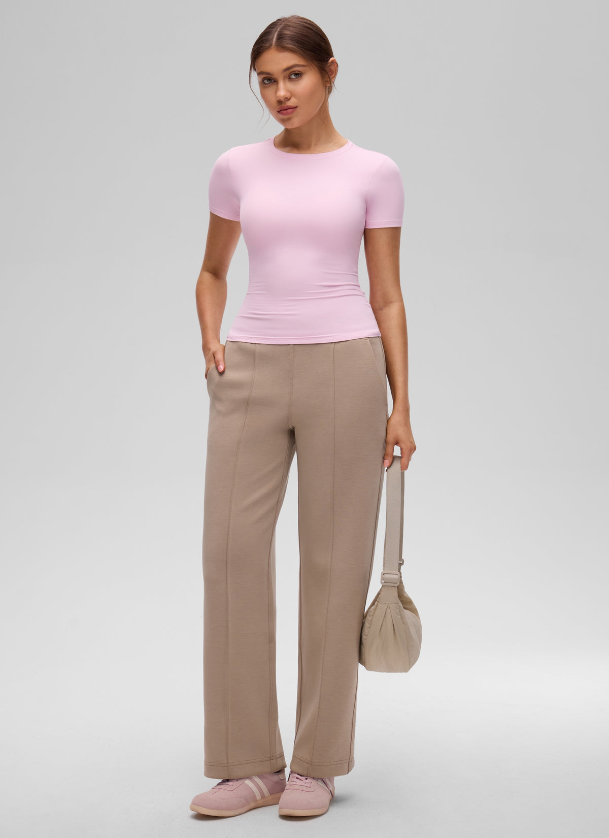 CRZ YOGA Women Going Out Tops Soft High Crew Neck Casual Tight Shirts Pink Peony @model_info:Valeria