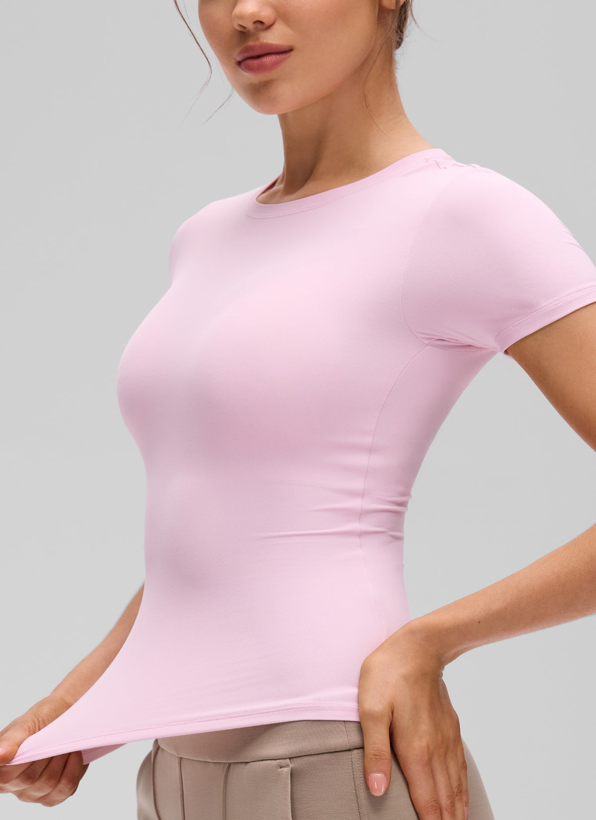 CRZ YOGA Women Going Out Tops Soft High Crew Neck Casual Tight Shirts Pink Peony @model_info:Valeria
