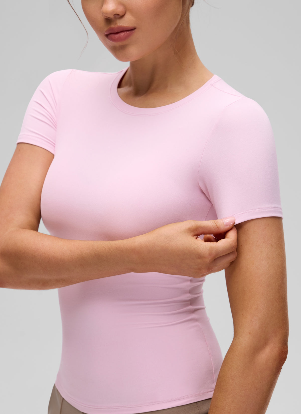 CRZ YOGA Women Going Out Tops Soft High Crew Neck Casual Tight Shirts Pink Peony @model_info:Valeria