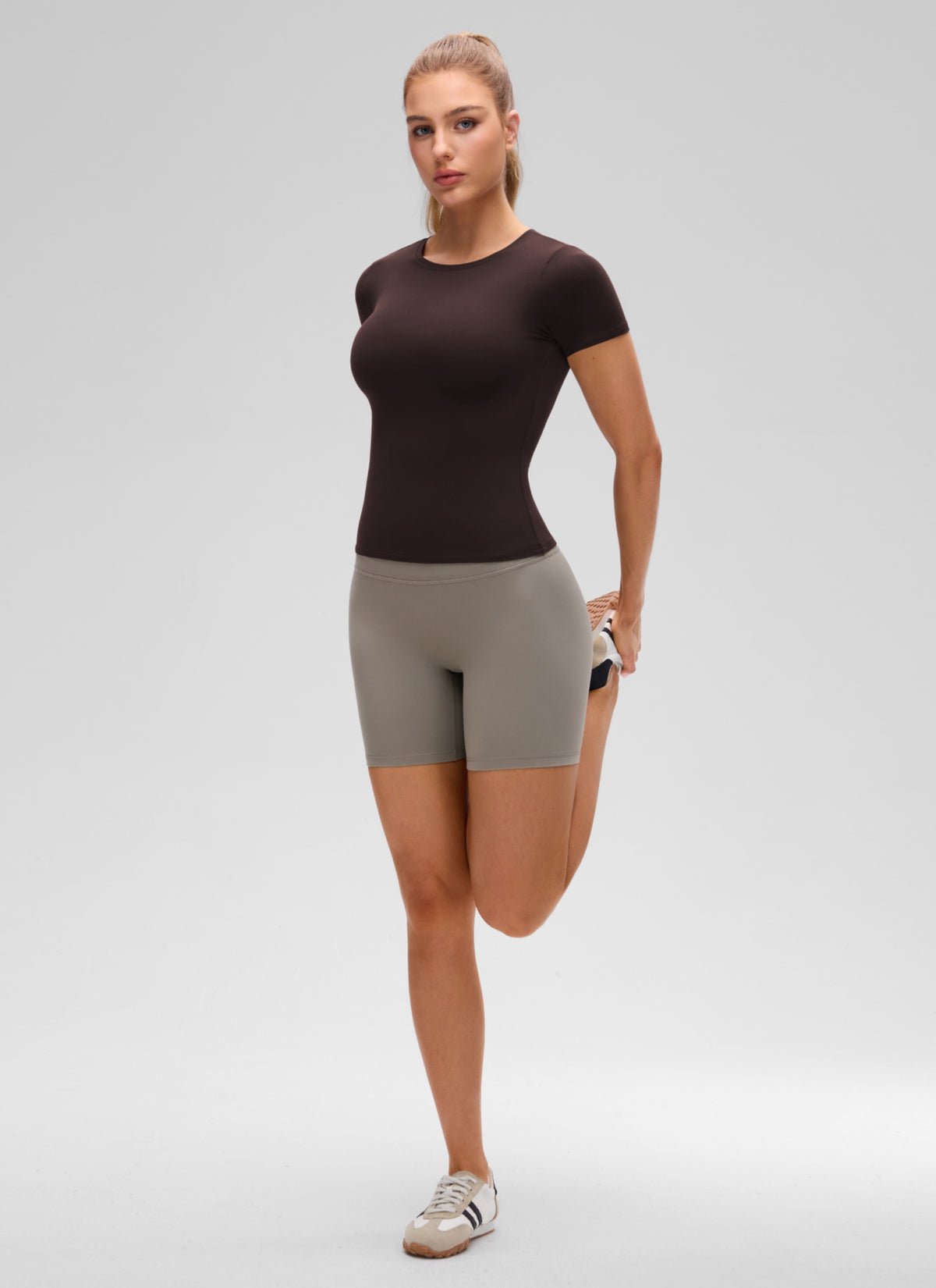 CRZ YOGA Women's Going Out Tops Soft High Crew Neck Casual Tight Shirts Hot Fudge Brown @model_info:A