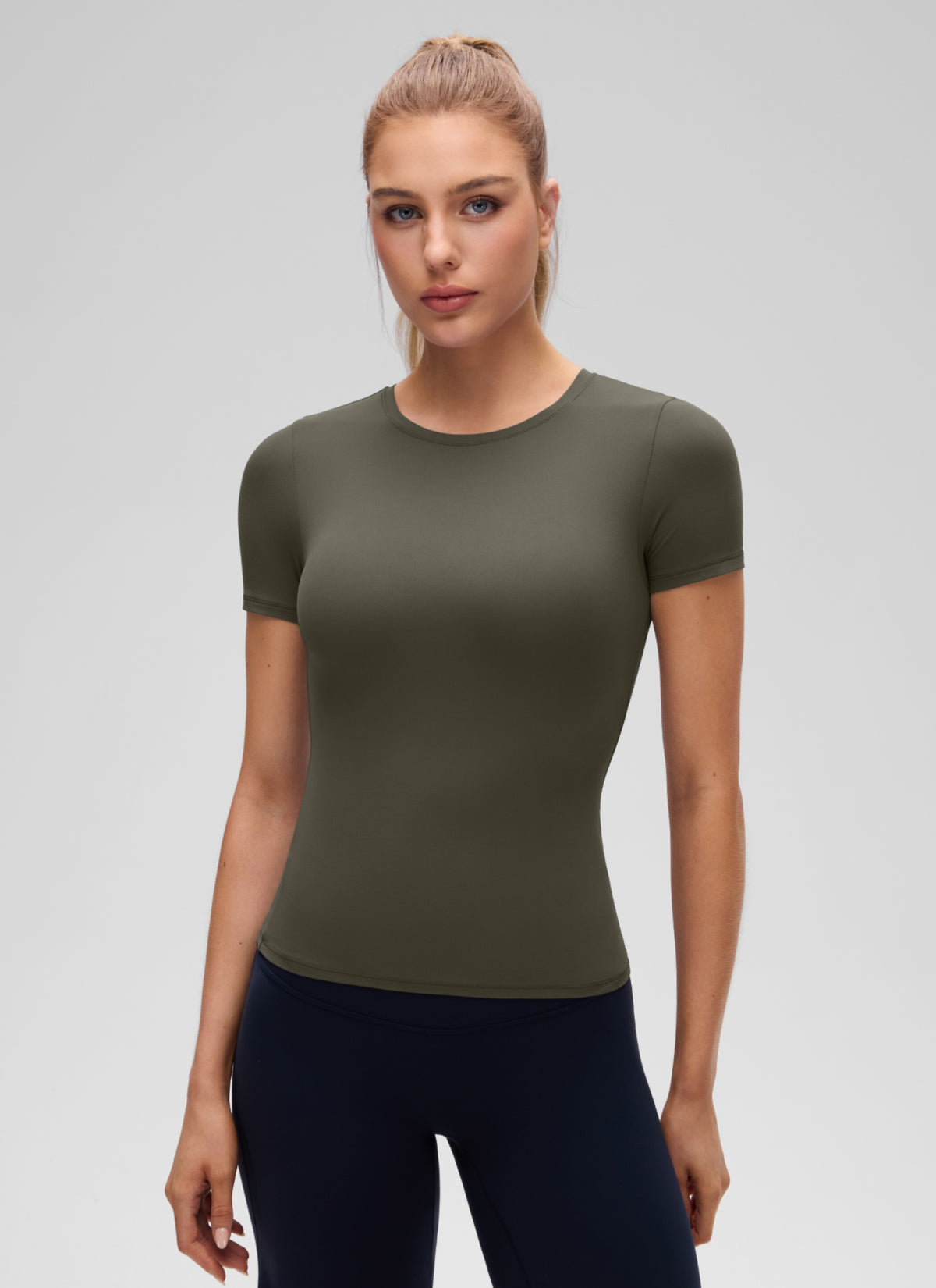 CRZ YOGA Women Going Out Tops Soft High Crew Neck Casual Tight Shirts Light Army Green @model_info:A