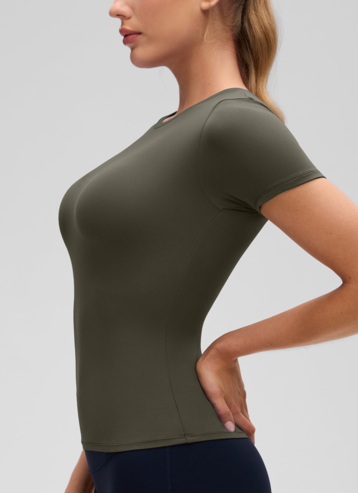 CRZ YOGA Women Going Out Tops Soft High Crew Neck Casual Tight Shirts Light Army Green @model_info:A