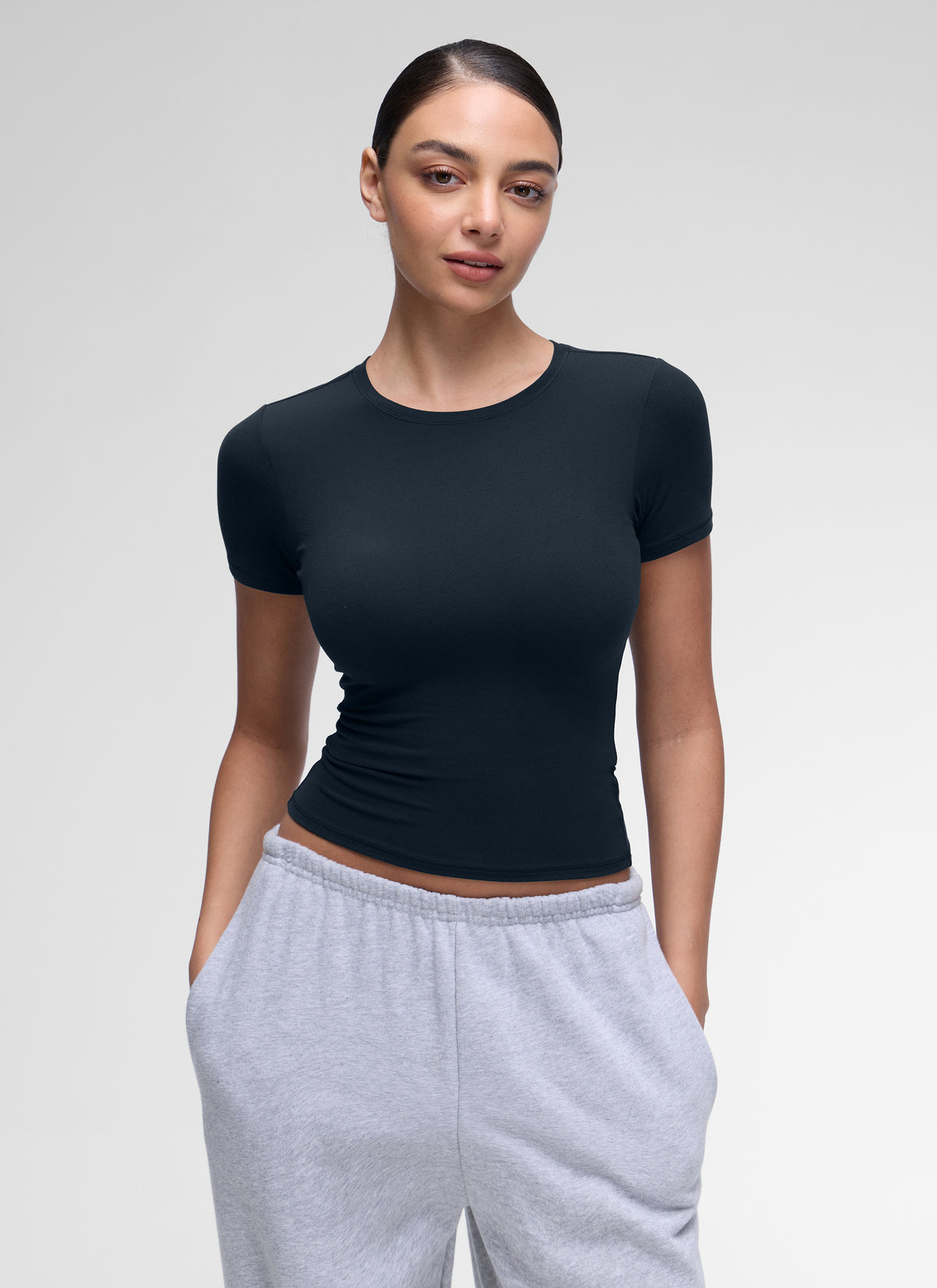 CRZ YOGA Women Going Out Tops Soft High Crew Neck Casual Tight Shirts True Navy @model_info:Anano