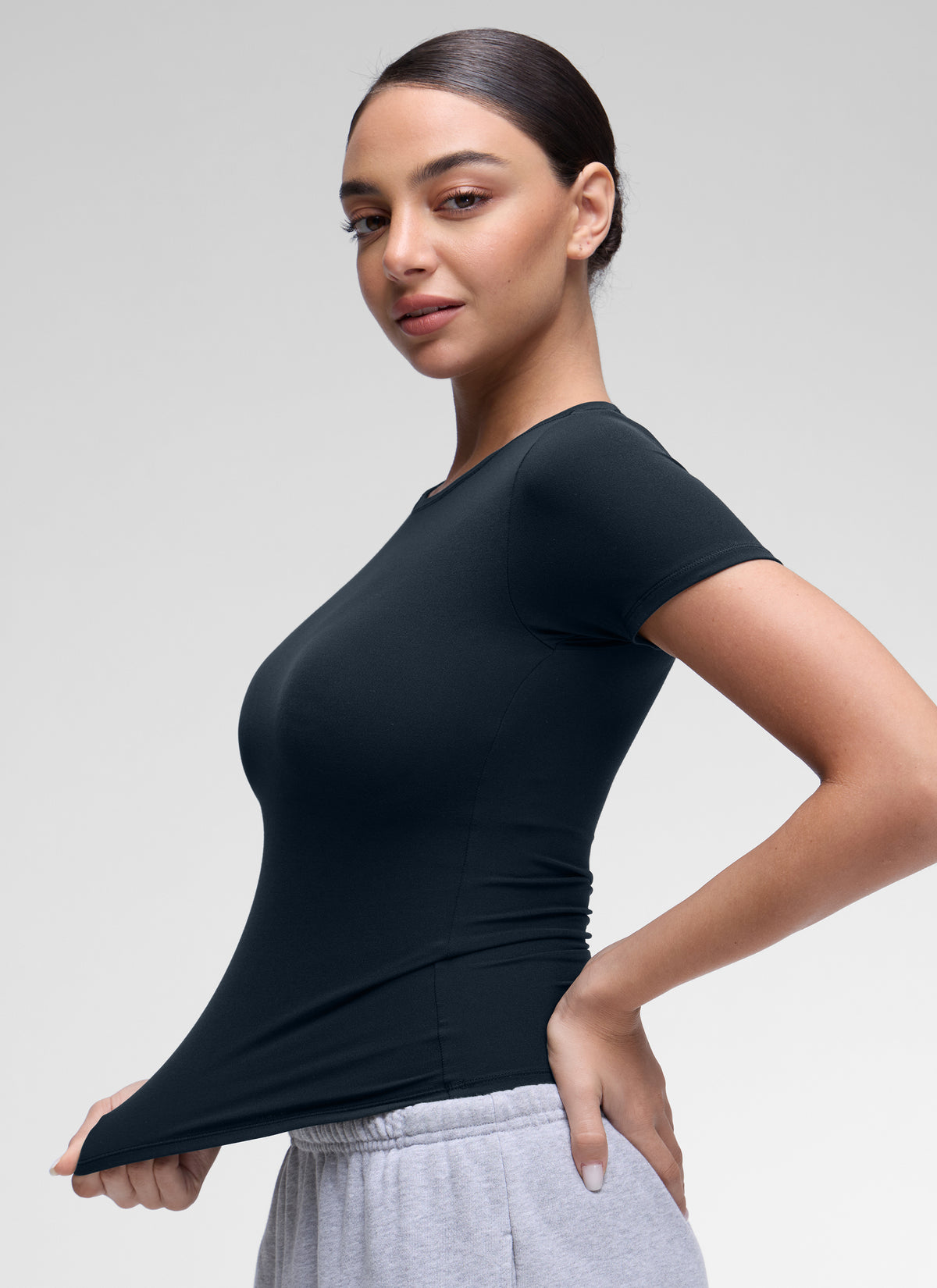 CRZ YOGA Women Going Out Tops Soft High Crew Neck Casual Tight Shirts True Navy @model_info:Anano