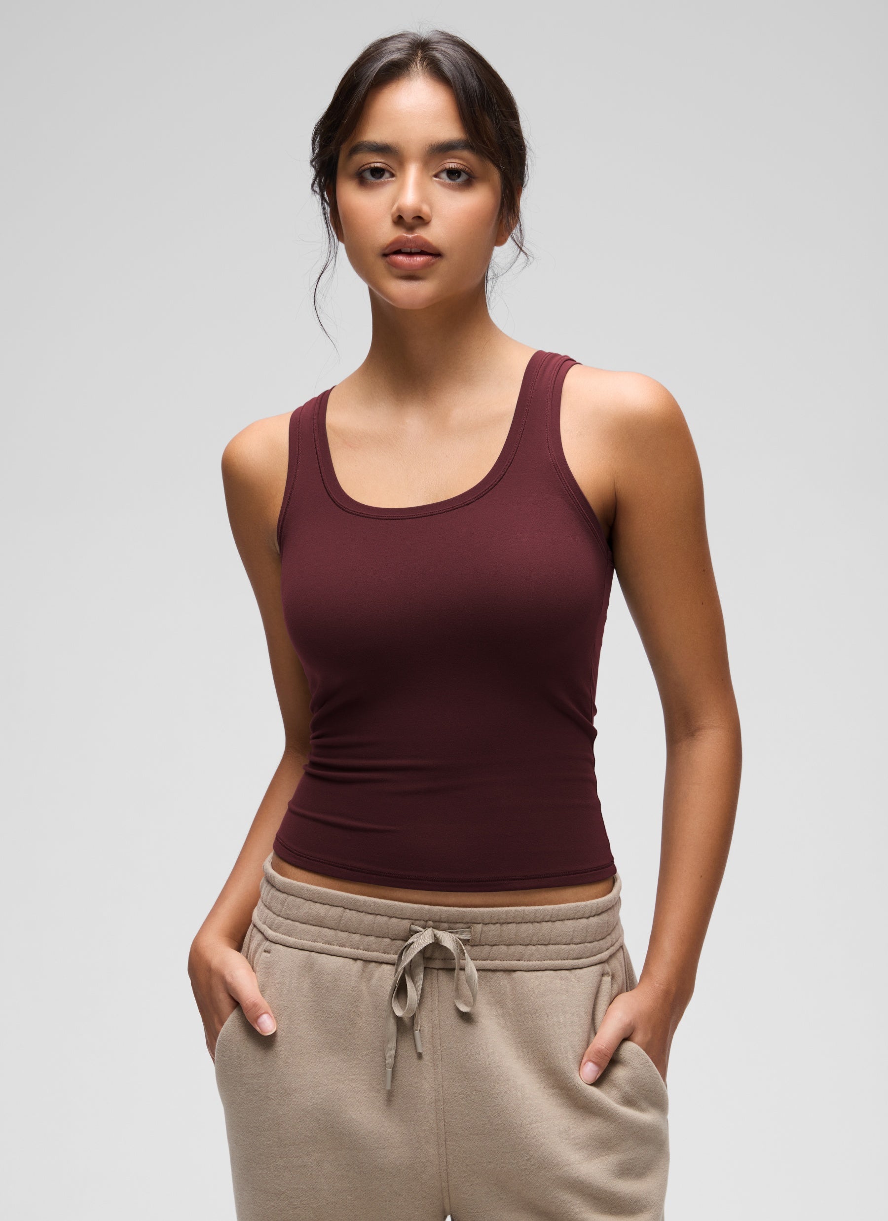 CRZ YOGA Women Softembrace Soft Double Lined Scoop Neck Tanks Casual Tops Red Merlot @model_info:Liss