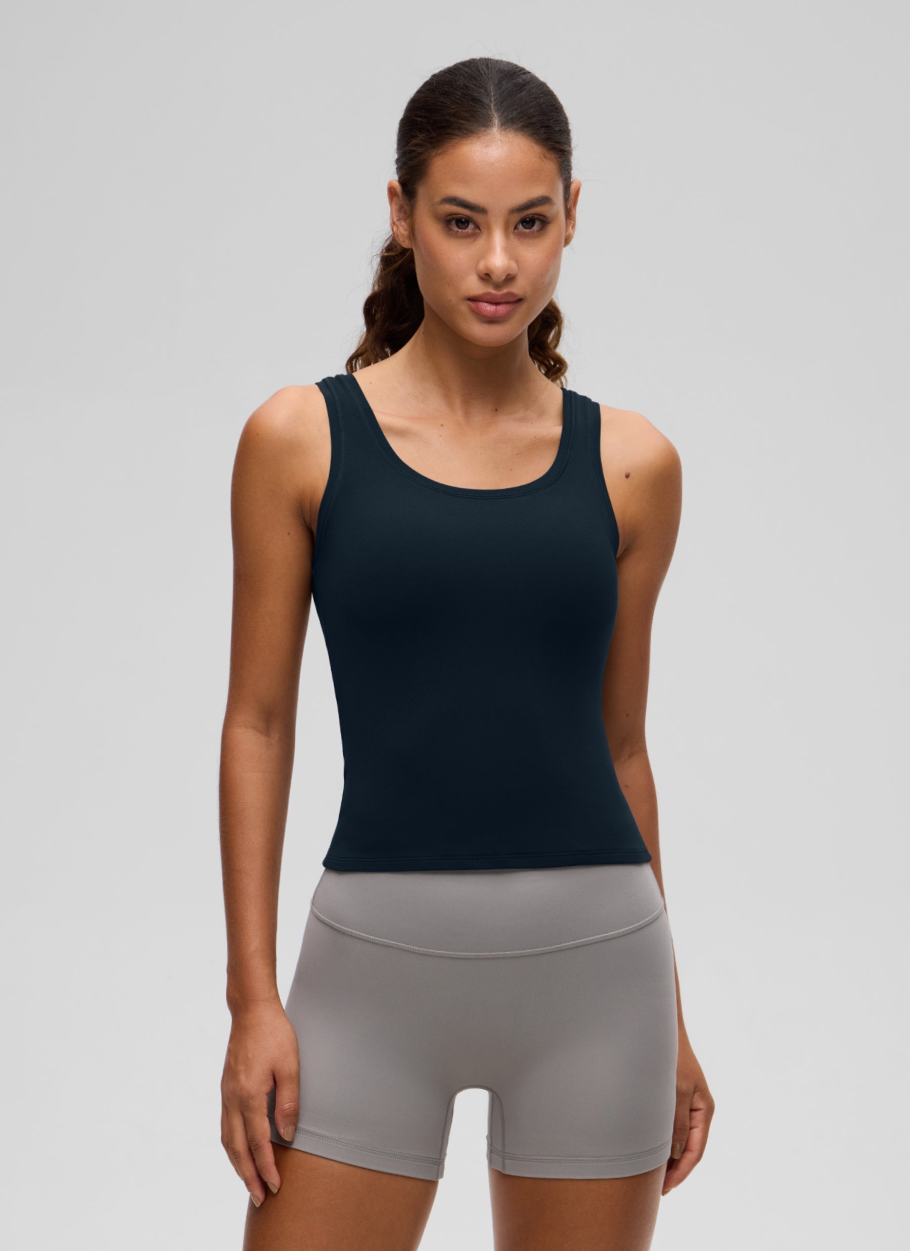 CRZ YOGA Women Softembrace Soft Double Lined Scoop Neck Tanks Casual Tops True Navy @model_info:J