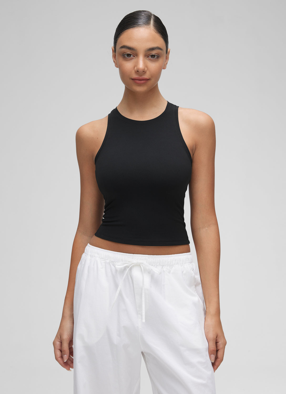 CRZ YOGA Women High Neck Casual Double Lined Sleeveless Tanks Black @model_info:Anano