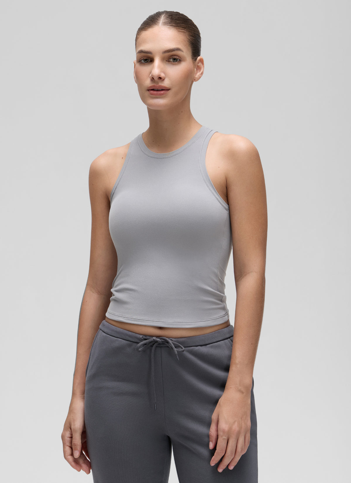 CRZ YOGA Women High Neck Casual Double Lined Sleeveless Tanks Rhino Grey @model_info:Jaynne