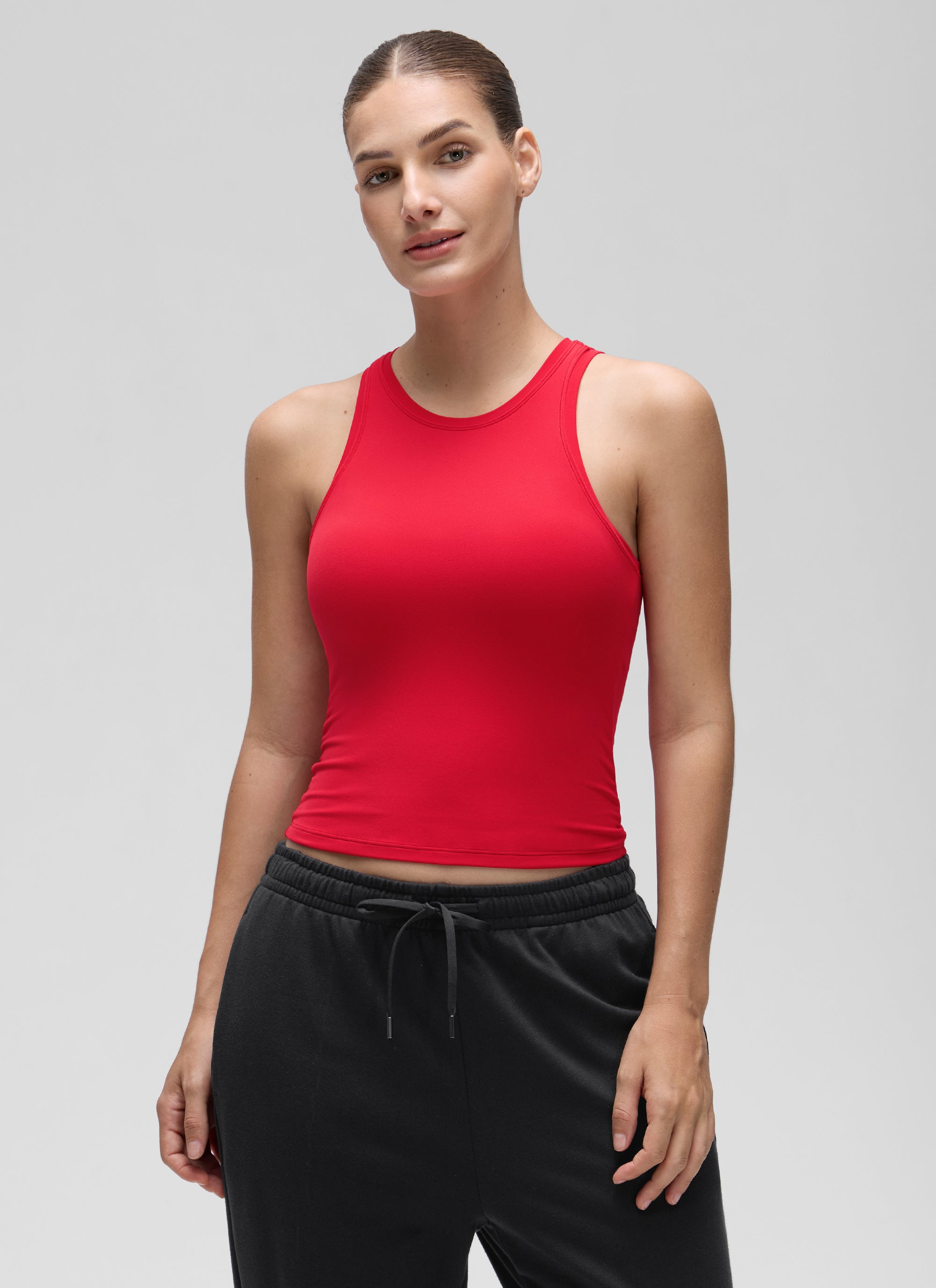 CRZ YOGA Women High Neck Casual Double Lined Sleeveless Tanks Aurora Red @model_info:Jaynne