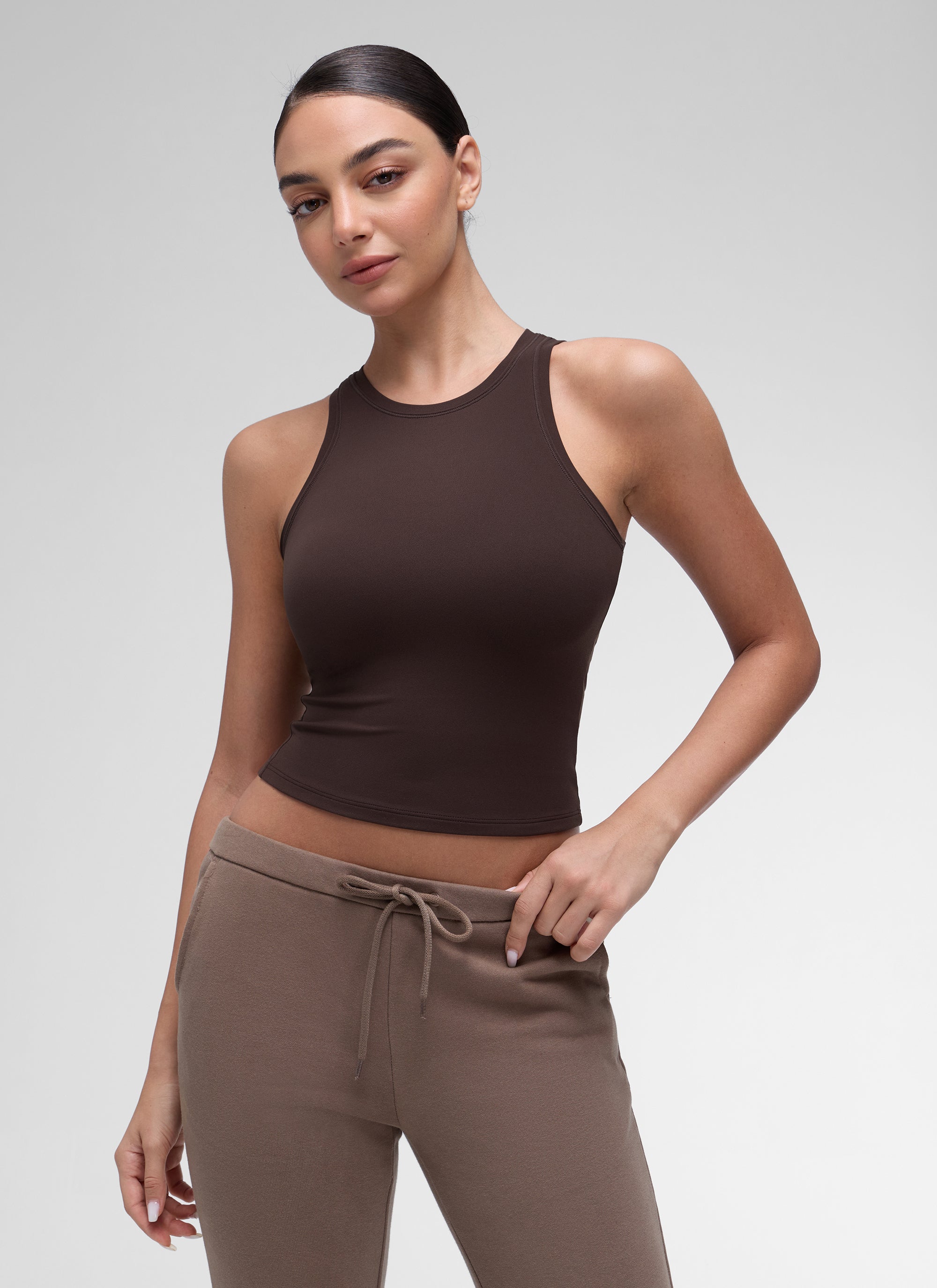 CRZ YOGA Women High Neck Casual Double Lined Sleeveless Tanks Hot Fudge Brown @model_info:Anano