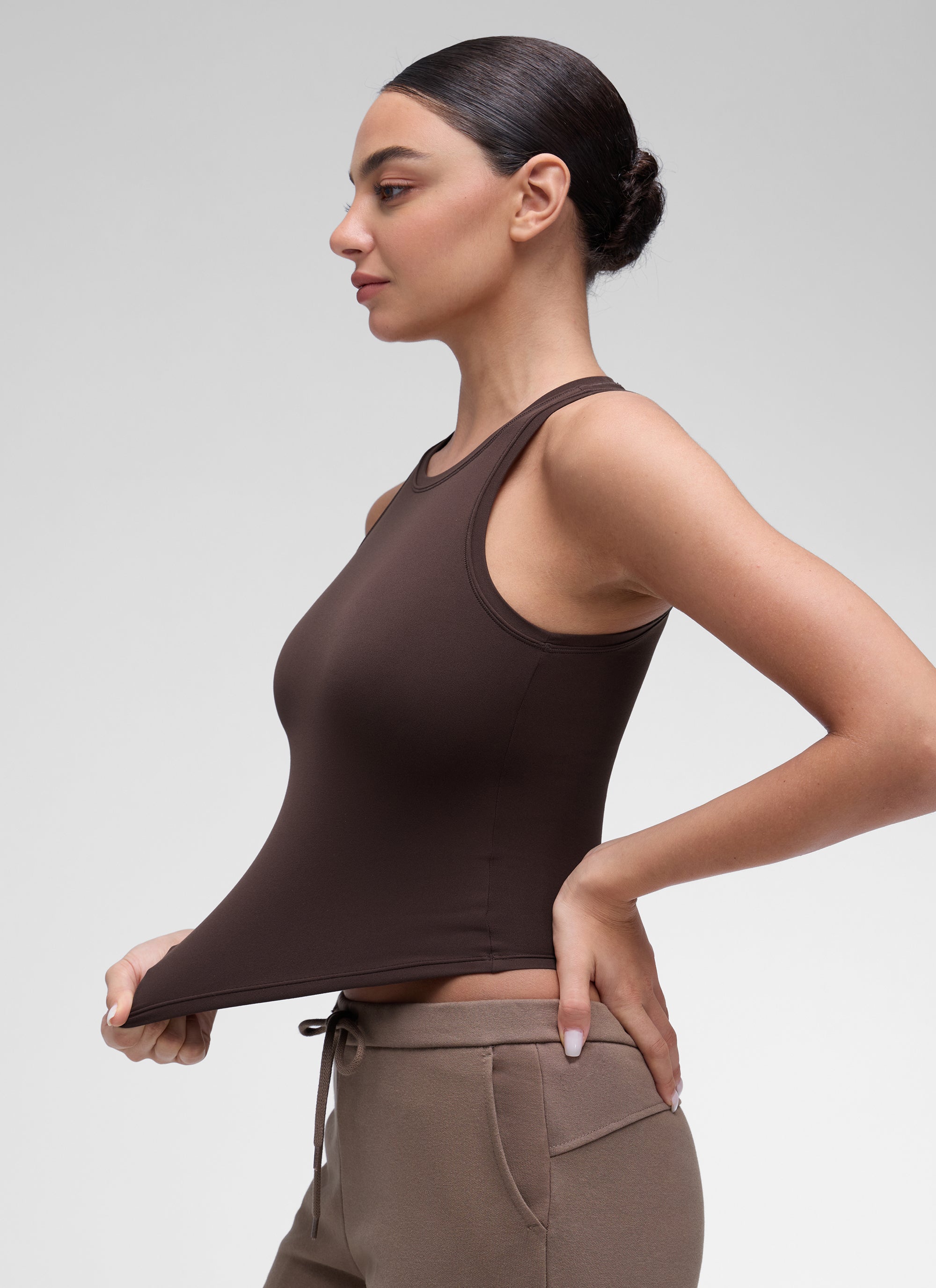 CRZ YOGA Women High Neck Casual Double Lined Sleeveless Tanks Hot Fudge Brown @model_info:Anano