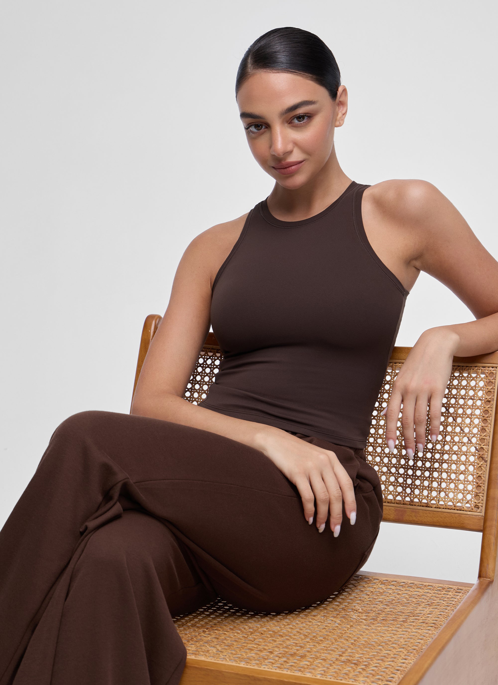 CRZ YOGA Women High Neck Casual Double Lined Sleeveless Tanks Hot Fudge Brown @model_info:Anano