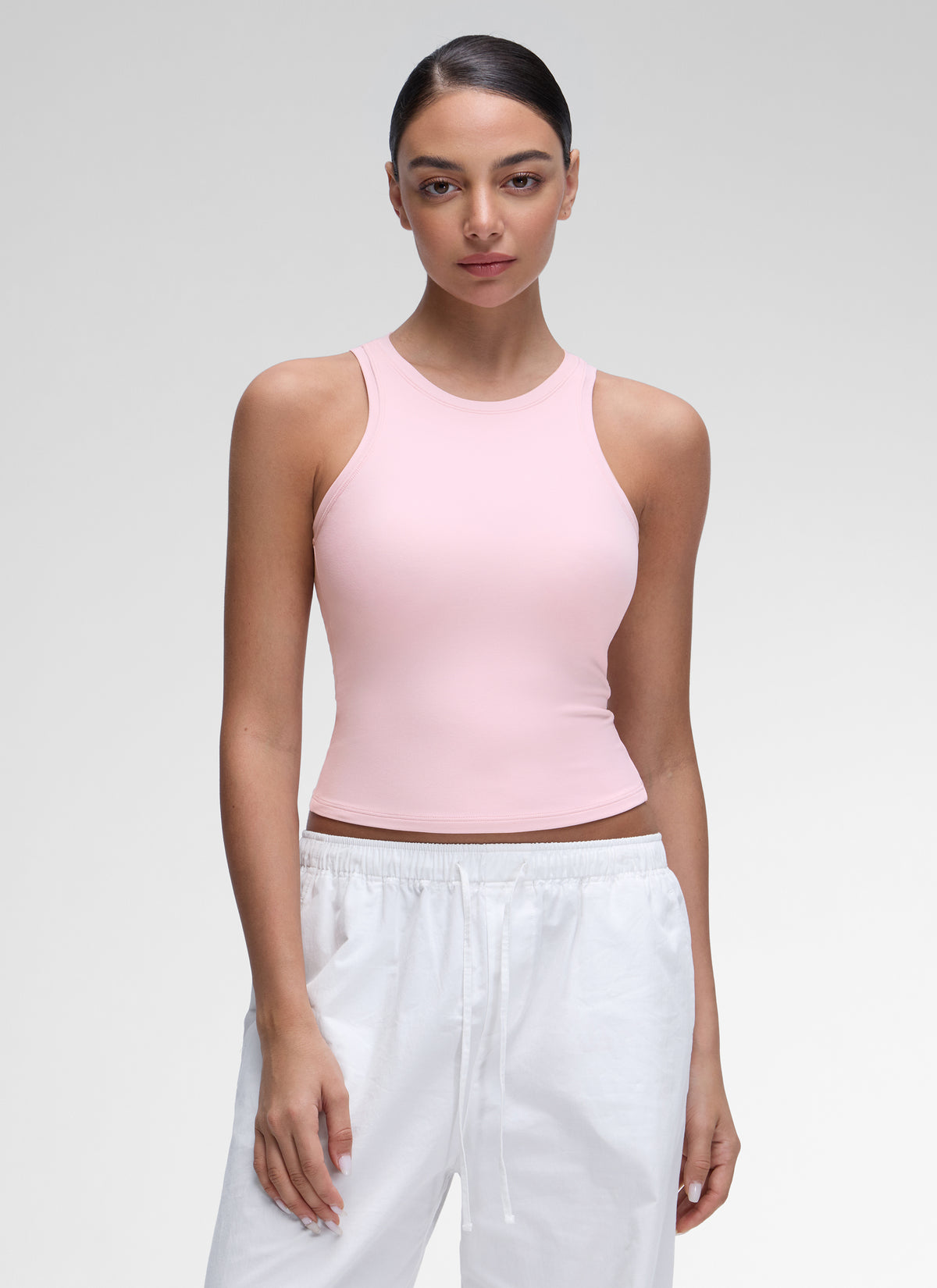 CRZ YOGA Women High Neck Casual Double Lined Sleeveless Tanks Strawberry Pink @model_info:Anano