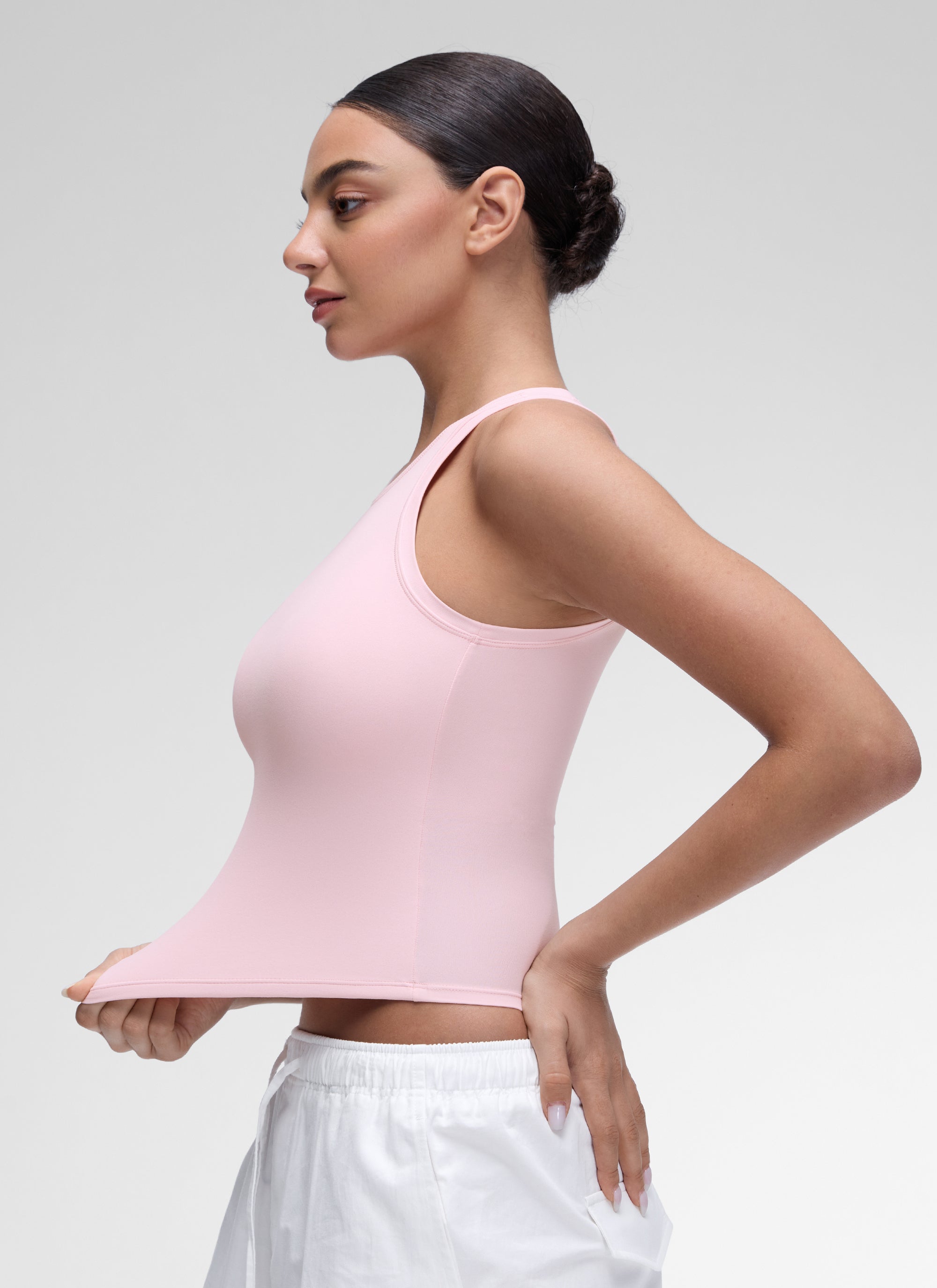 CRZ YOGA Women High Neck Casual Double Lined Sleeveless Tanks Strawberry Pink @model_info:Anano