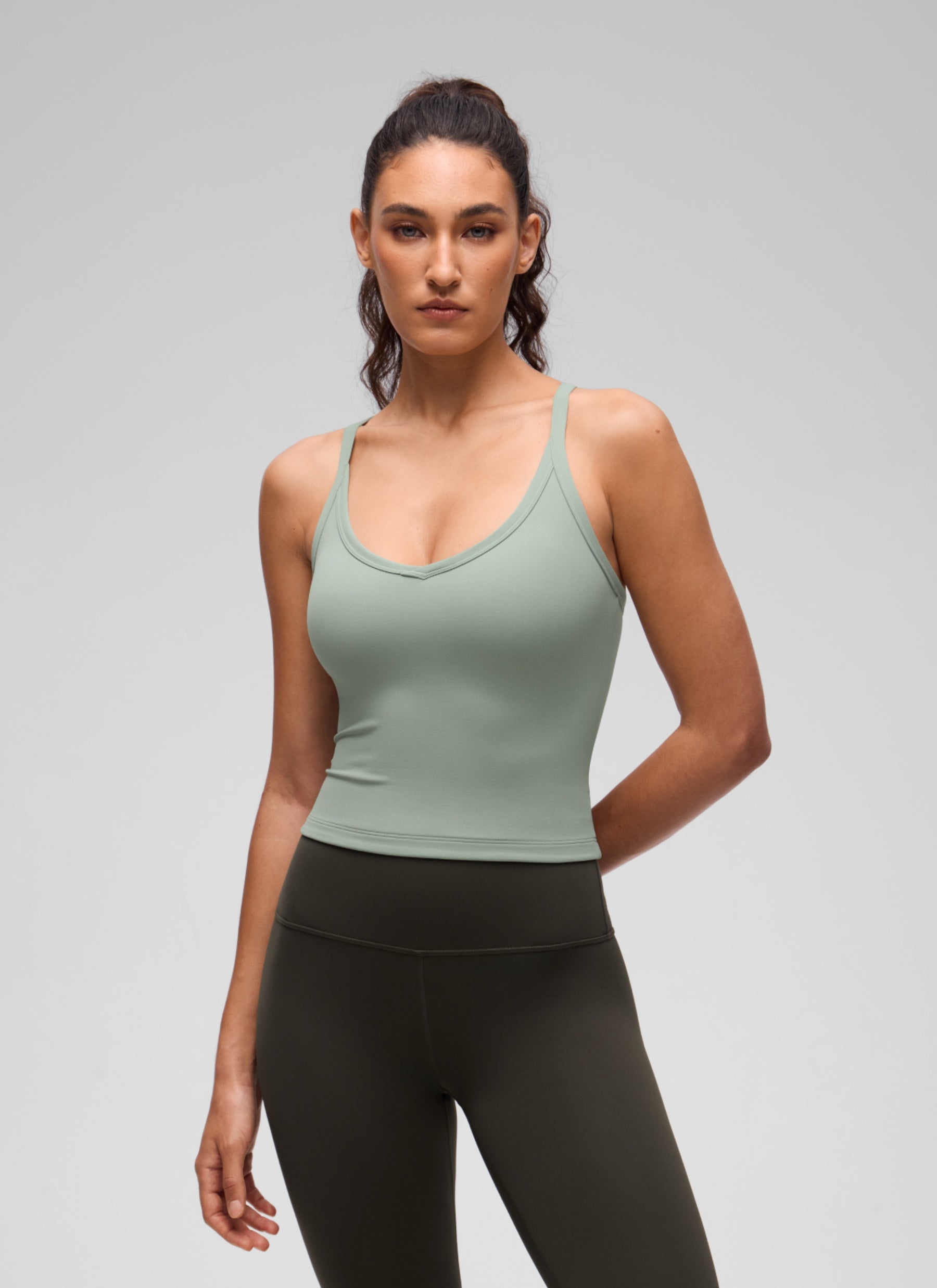 CRZ YOGA Women's Butterluxe Soft Double Lined V Neck Racerback Tanks Green Palm Court @model_info:V