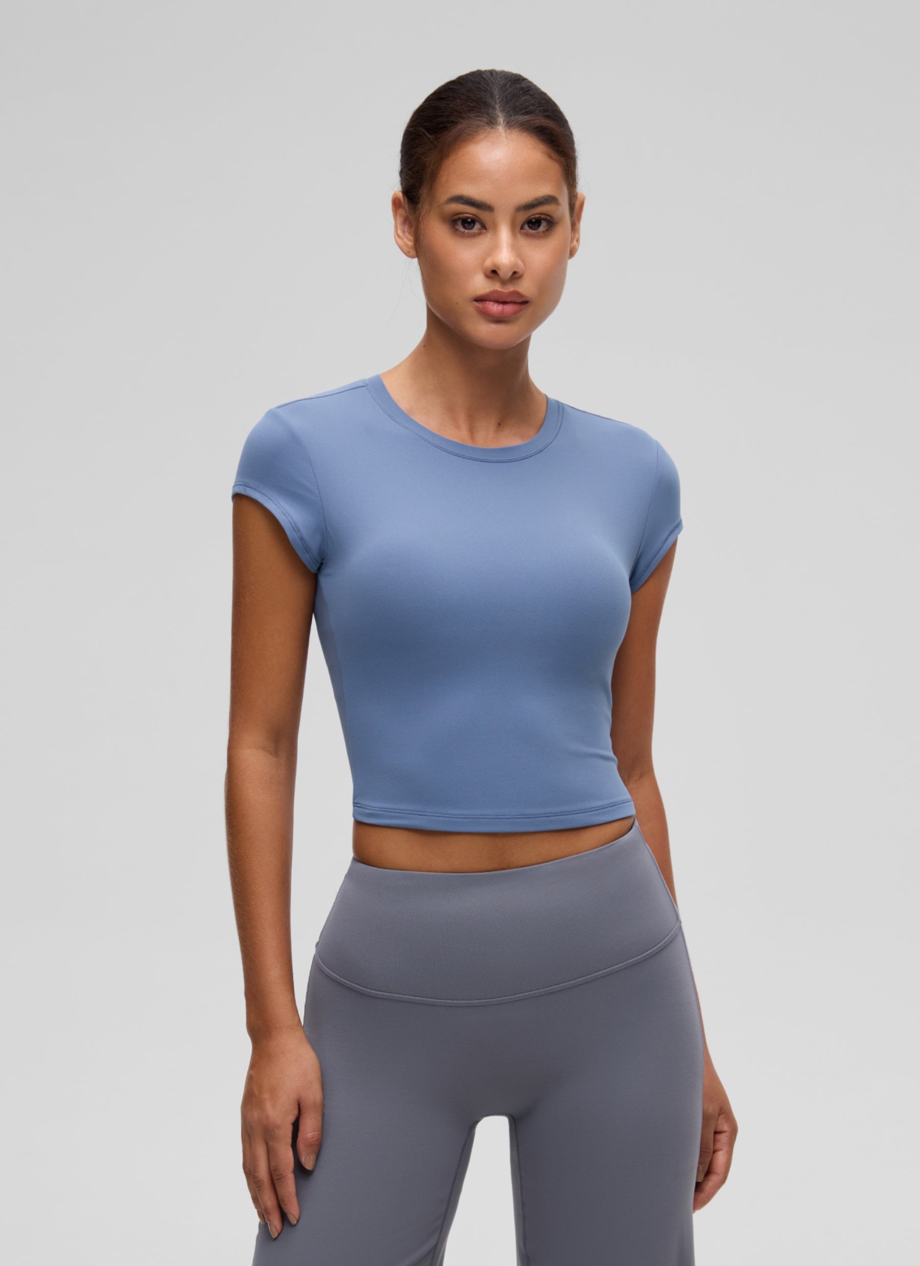 CRZ YOGA Women's Softembrace Casual Crop Double Lined Cap Sleeve Tops Oasis Blue @model_info:J