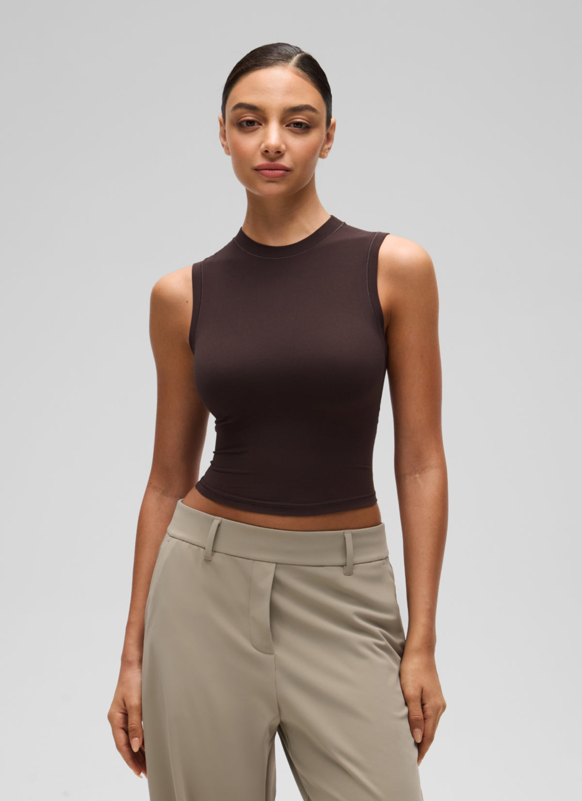 CRZ YOGA Women's Softembrace Casual Crop High Neck Tight Crewneck Tank Hot Fudge Brown @model_info:A