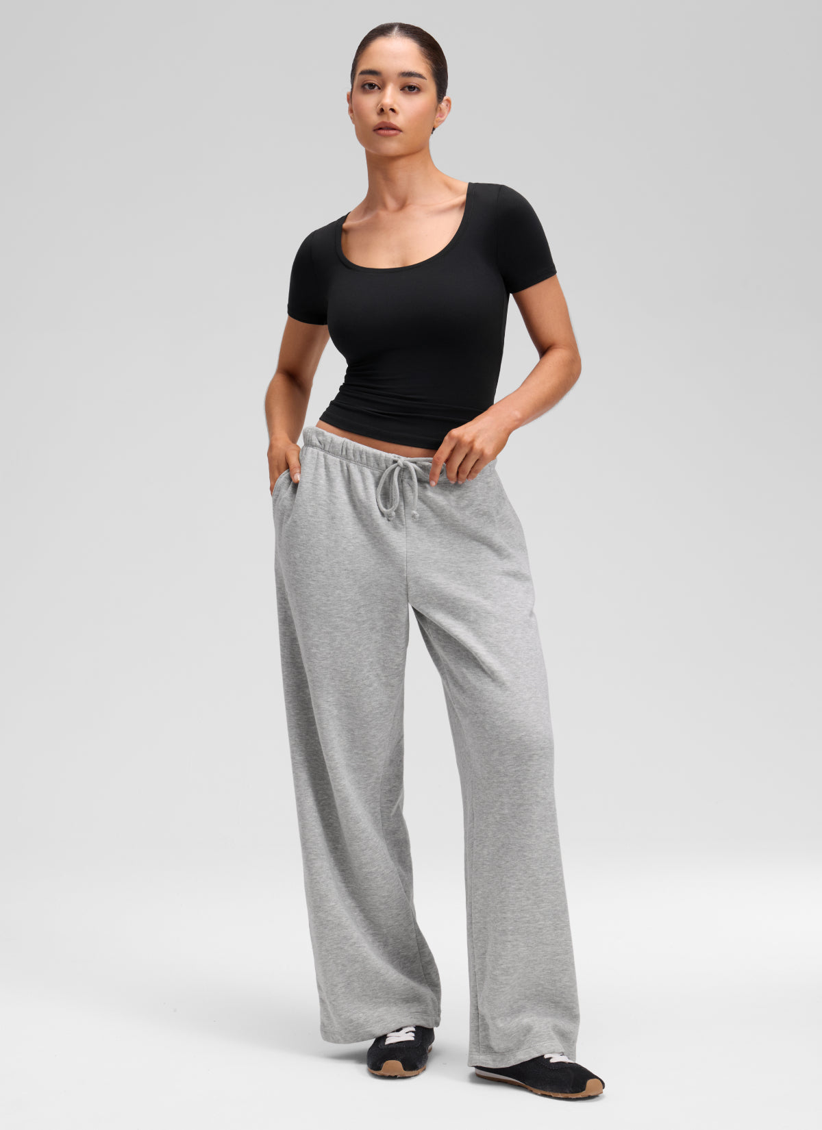 CRZ YOGA Women's Softembrace Casual U Neck Tight Fit Short Sleeve Black @model_info:Marcela